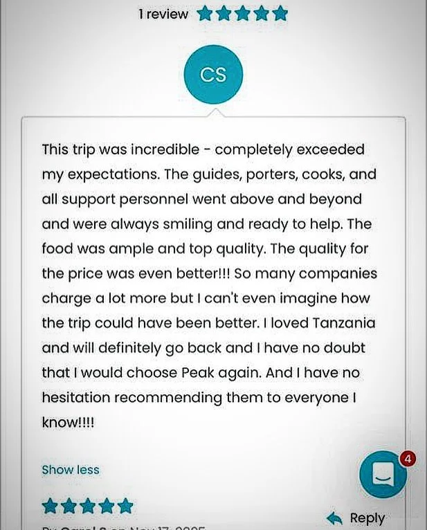 So much gratitude from all of us here at the Peak Expeditions Family 🙏

✨ Another 5-Star Adventure! ✨.

Carol, thank you for trusting us with your summit dream. It was an honour to be part of your journey and to help create memories that last a life