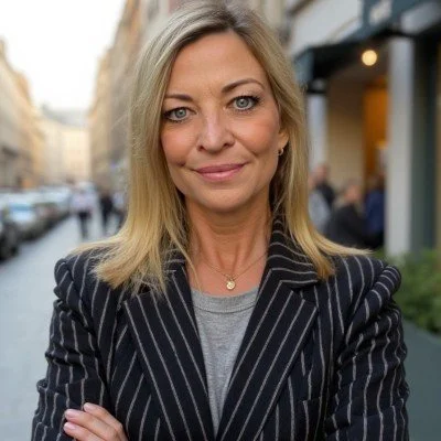A blonde woman with blue eyes wearing a gray shirt and pinstripe blazer outdoors on a city street.