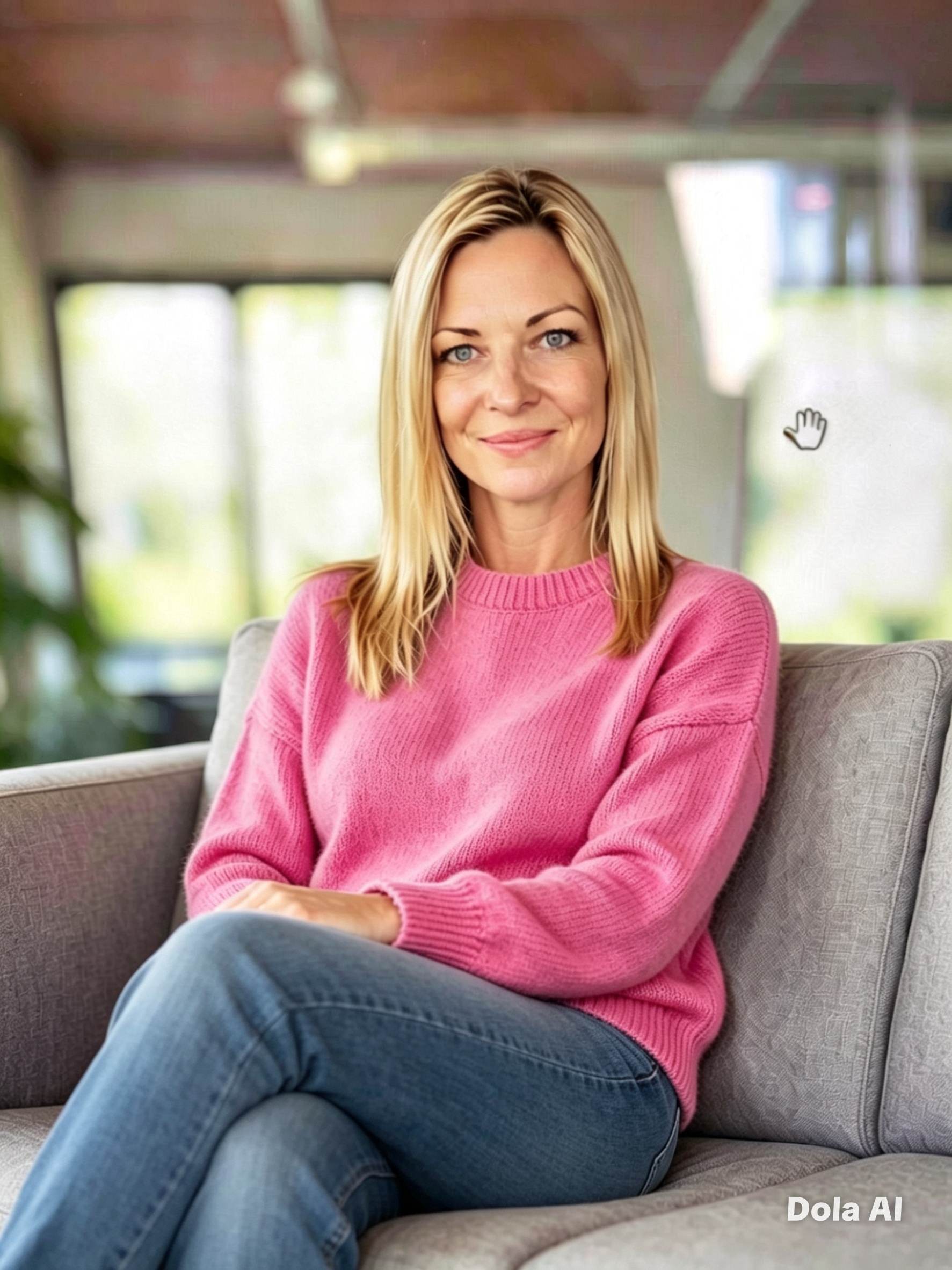 Woman with blonde hair wearing a pink sweater and blue jeans, sitting on a gray sofa in a bright room with large windows.