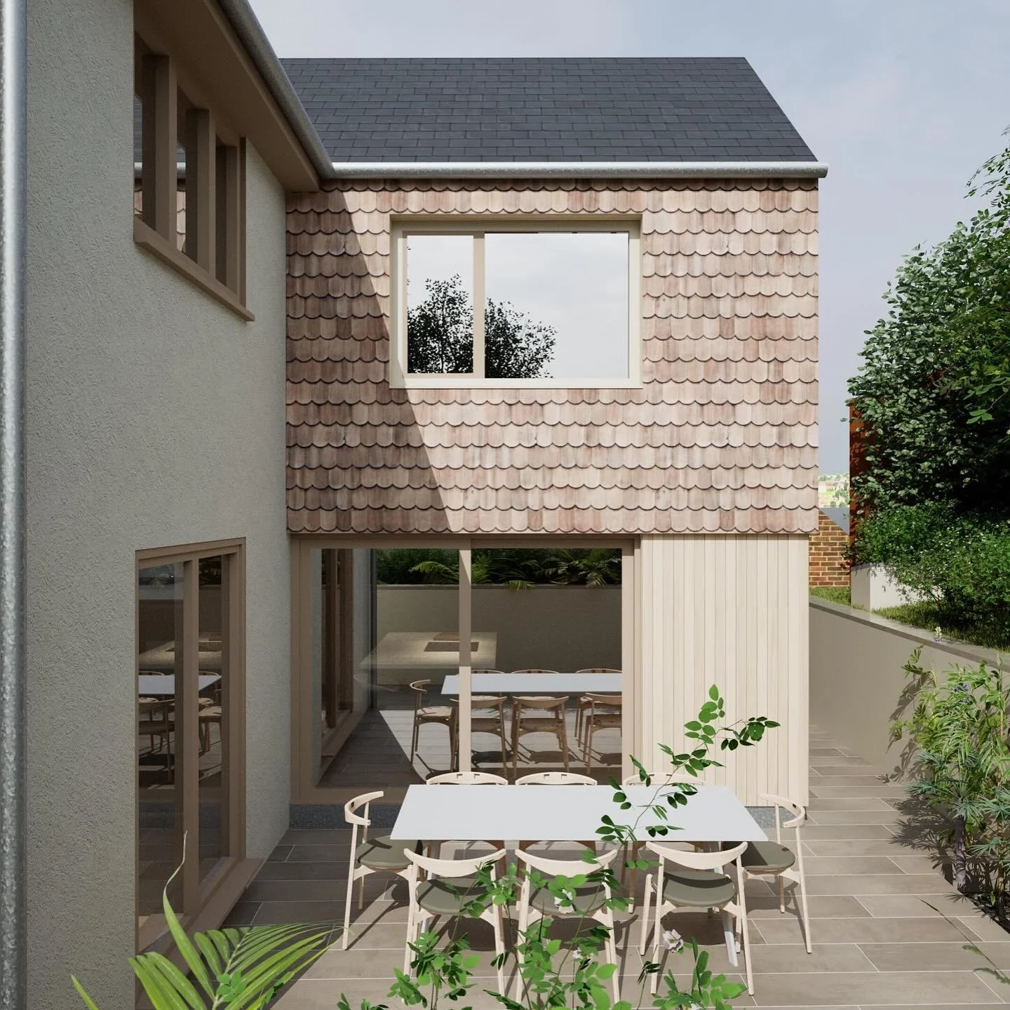 We have been busy refining the external colours and finishes palette on our Sevenoaks extension project. This exciting project is currently under construction, due for completion early 2026 🚧 
.
.
.
#deepretrofit #modernextension #1970srefurb  #1960