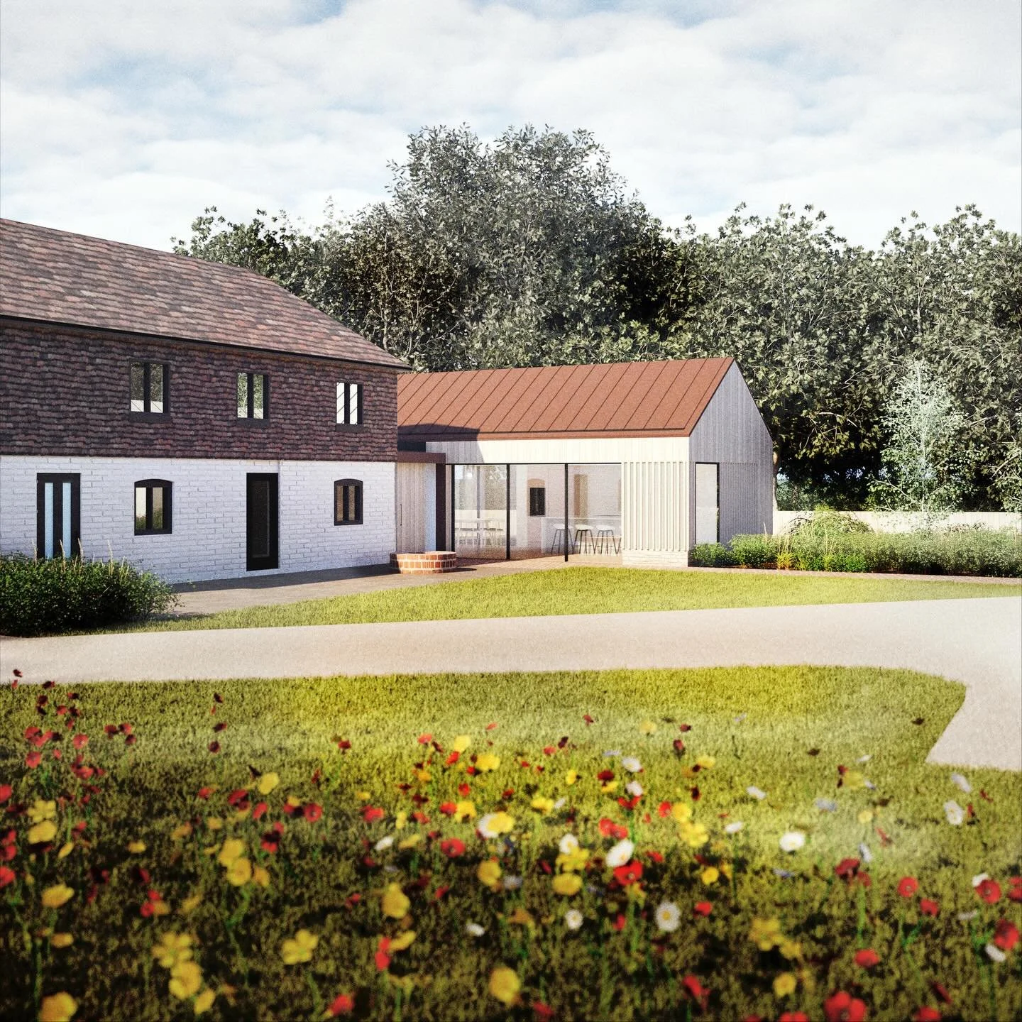 This is our proposal to extend a beautiful country house outside Tunbridge Wells. The existing house has a lot of character and history. 

Our extension is located adjacent to the north half of the house which is a plainer, more recent addition to th