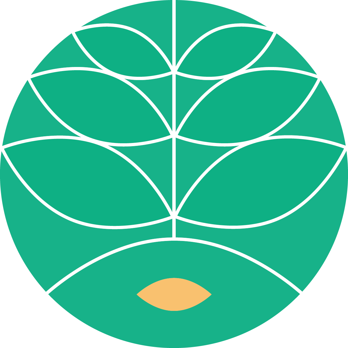 A stylized graphic of a face with green leaves as hair, a peach-colored nose, and closed eyes.