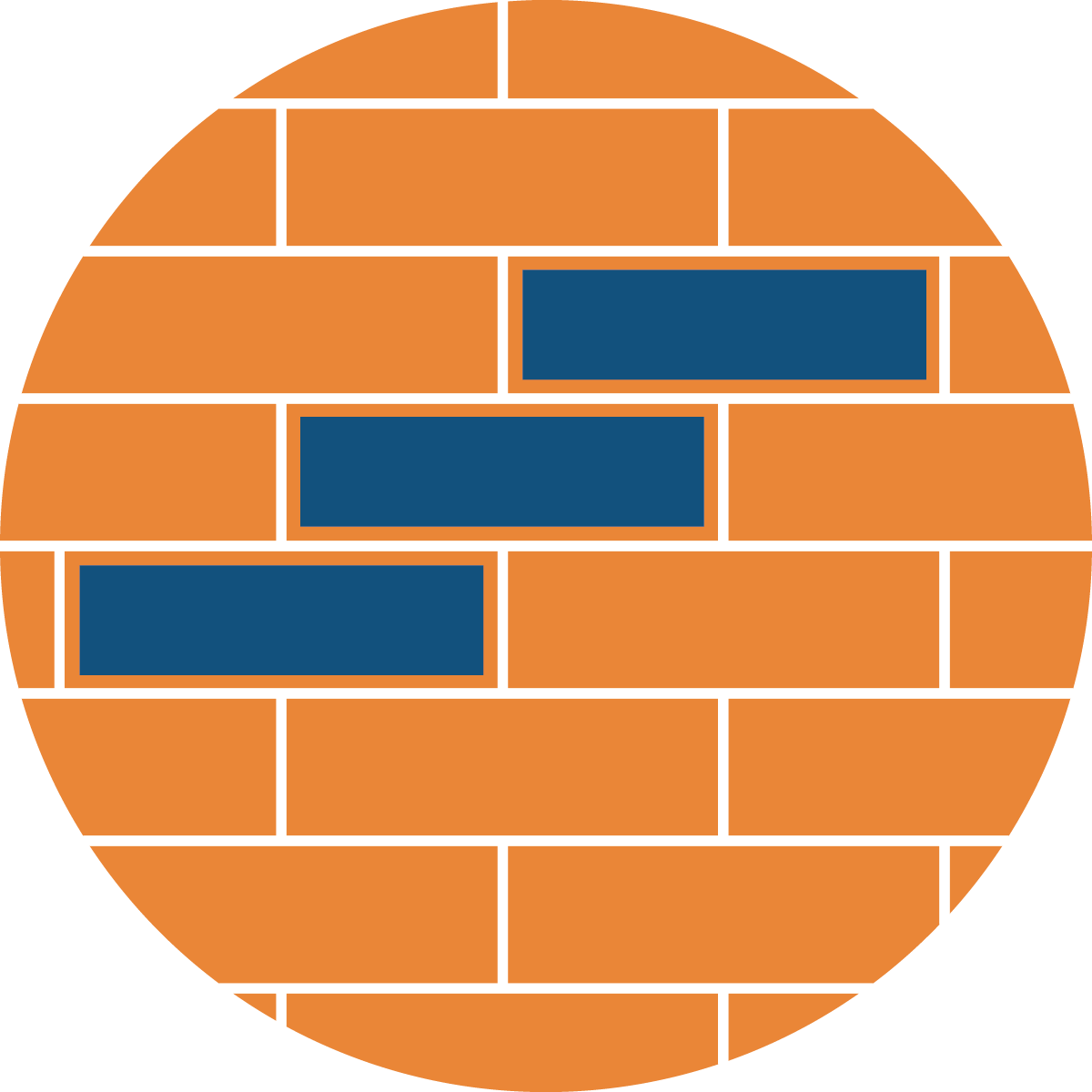 Illustration of a circular brick wall with orange bricks and three dark blue rectangular bricks.