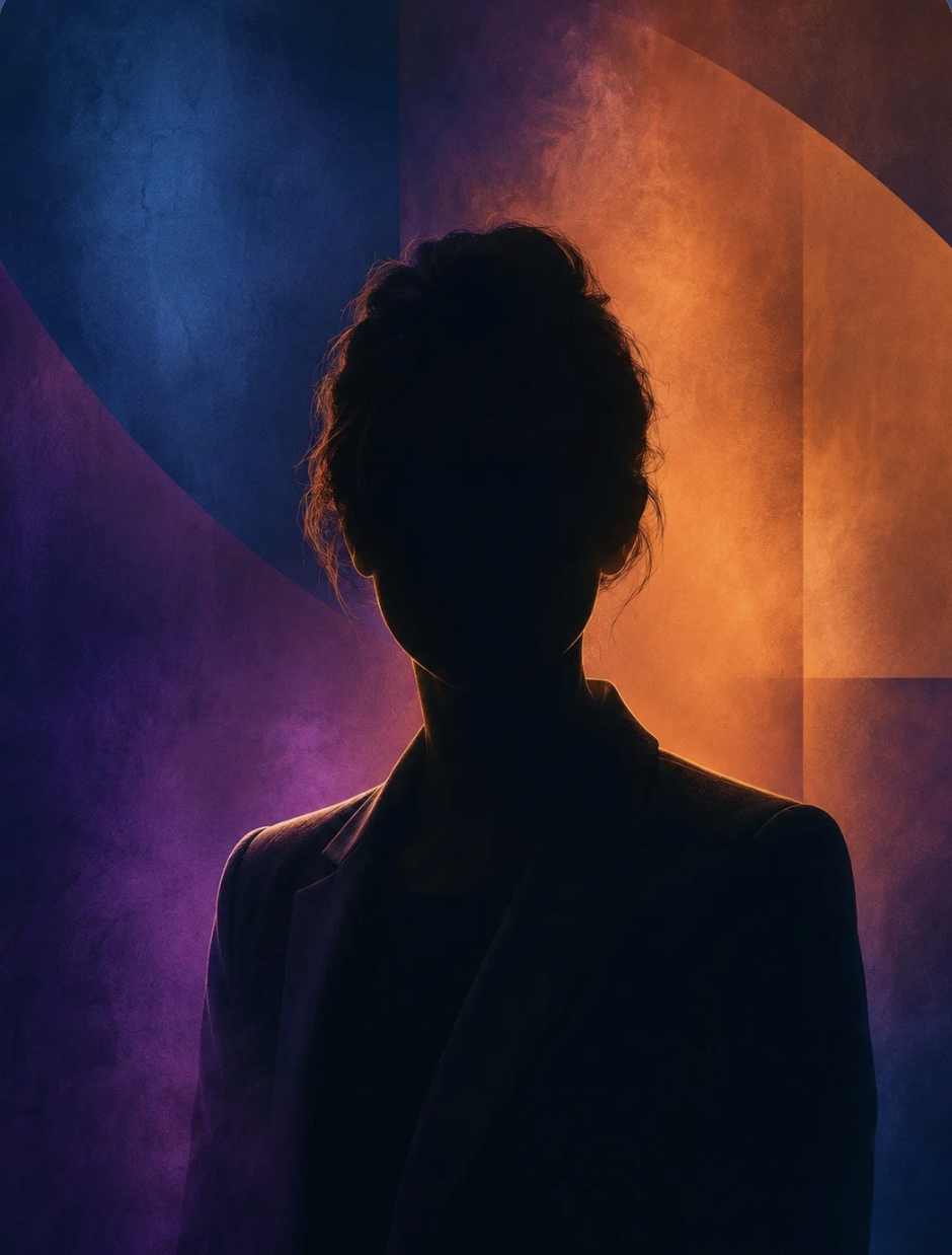 Silhouette of a person with curly hair against a colorful gradient background with blue, purple, and orange hues.