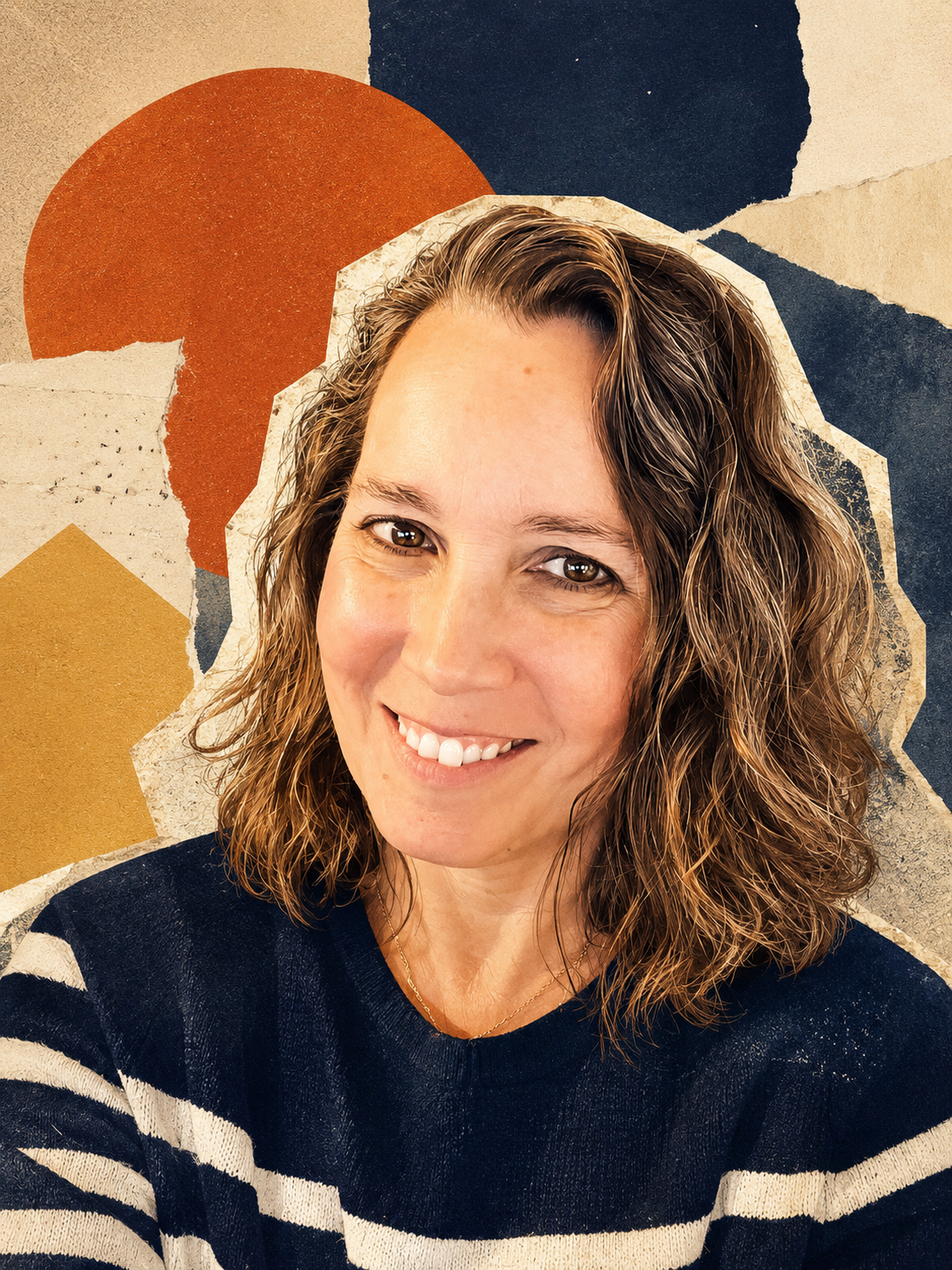 A woman with shoulder-length curly brown hair smiling in front of a abstract collage background with geometric shapes in orange, blue, beige, and cream tones.