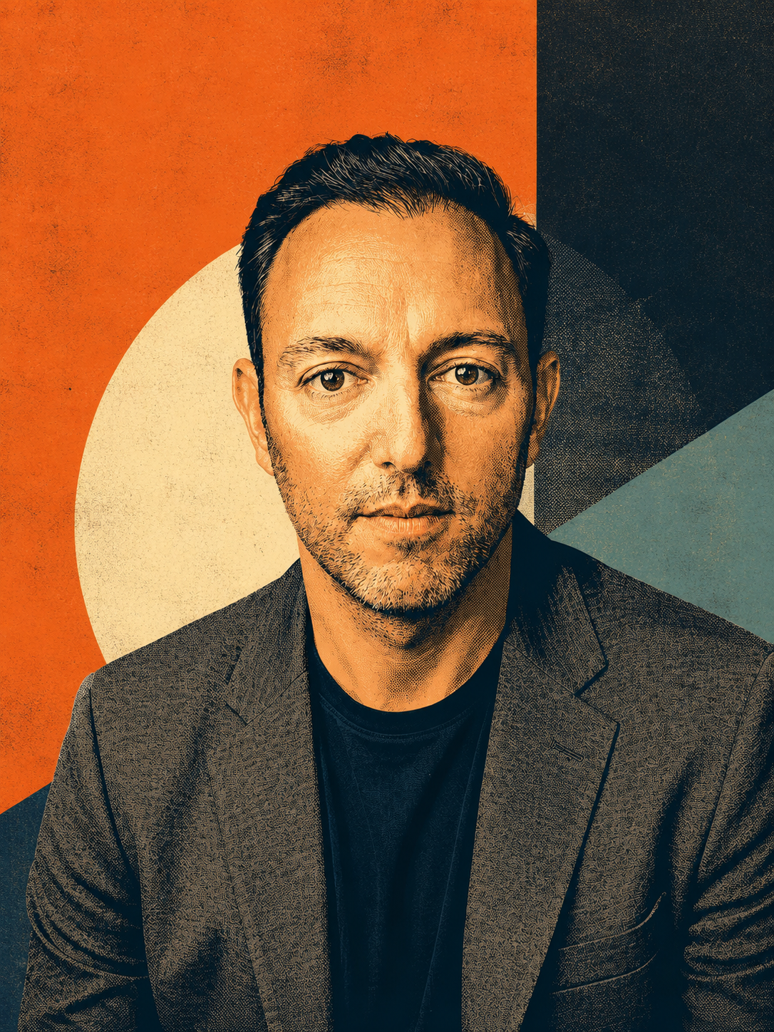 A portrait of a man with short dark hair, light beard, wearing a dark blazer over a black shirt, set against a geometric, colorful background.