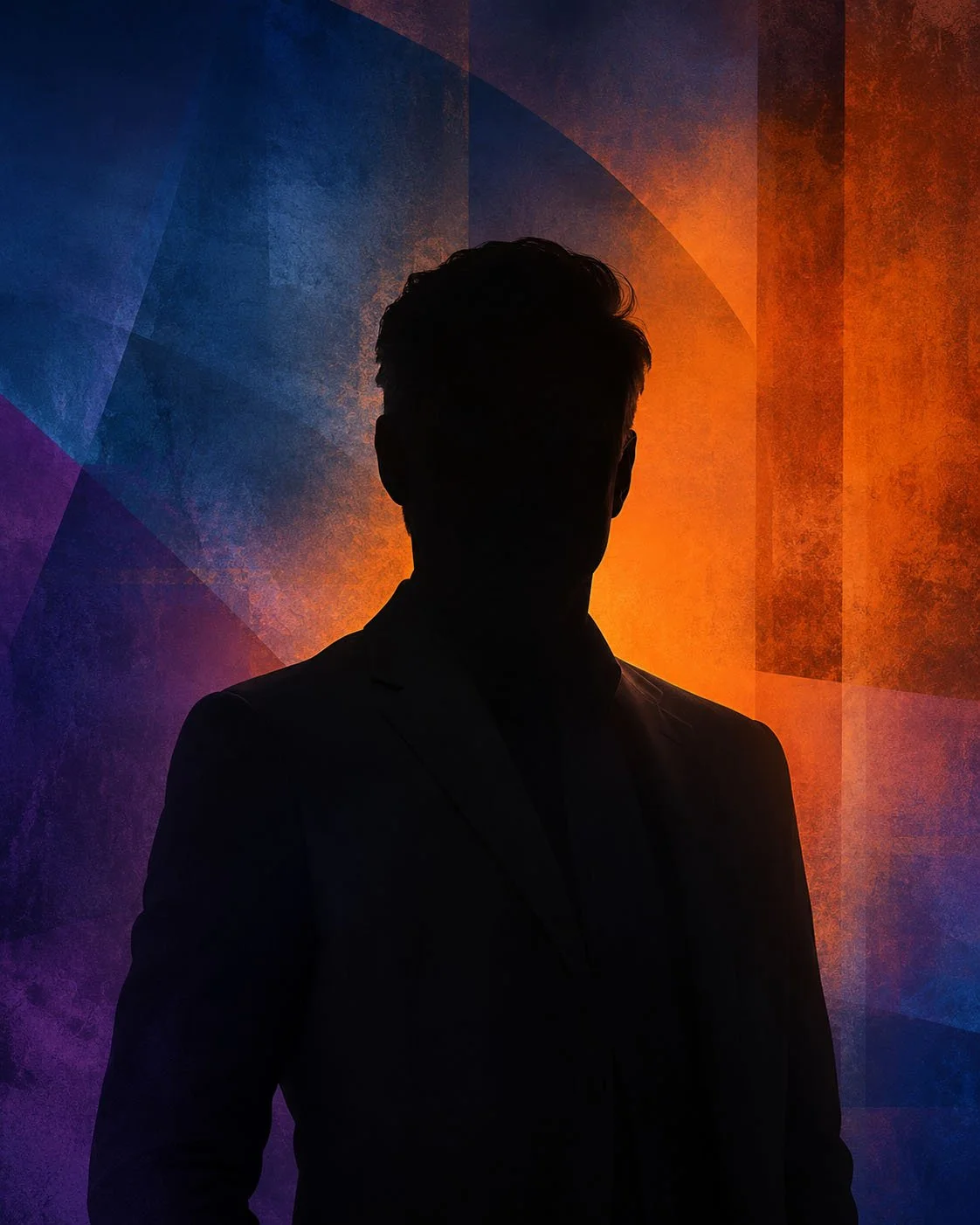 Silhouette of a man in a suit against a colorful, abstract background with orange, purple, and blue hues.