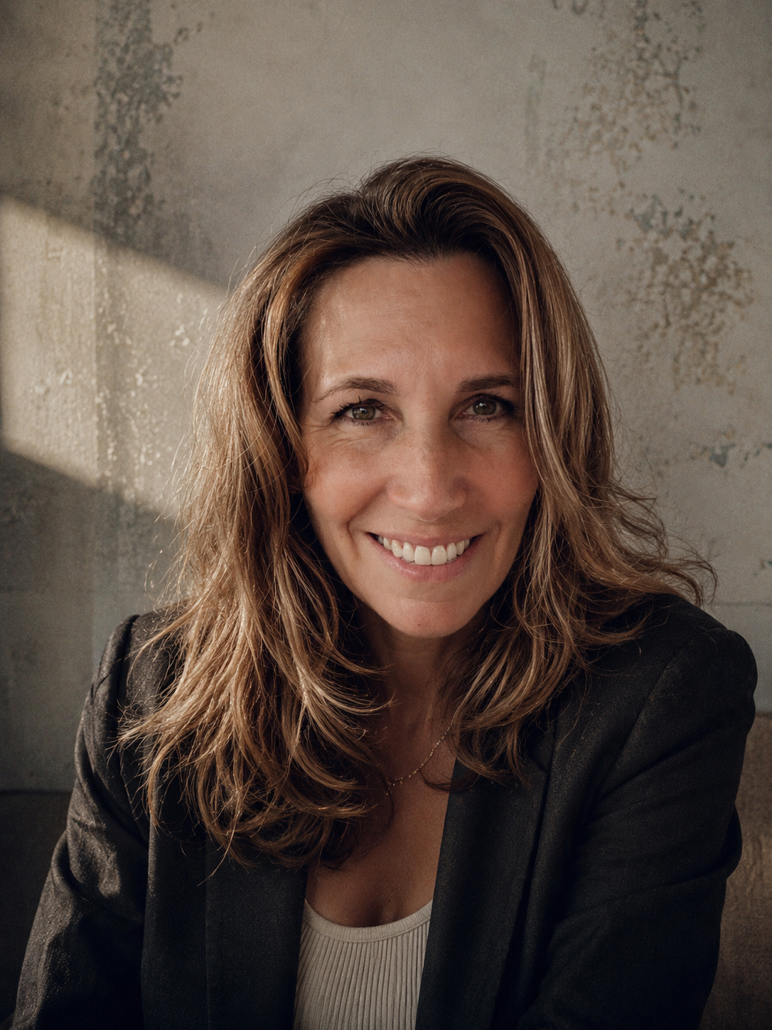 A woman with wavy brown hair and green eyes, smiling in front of a textured wall with shadow patterns.