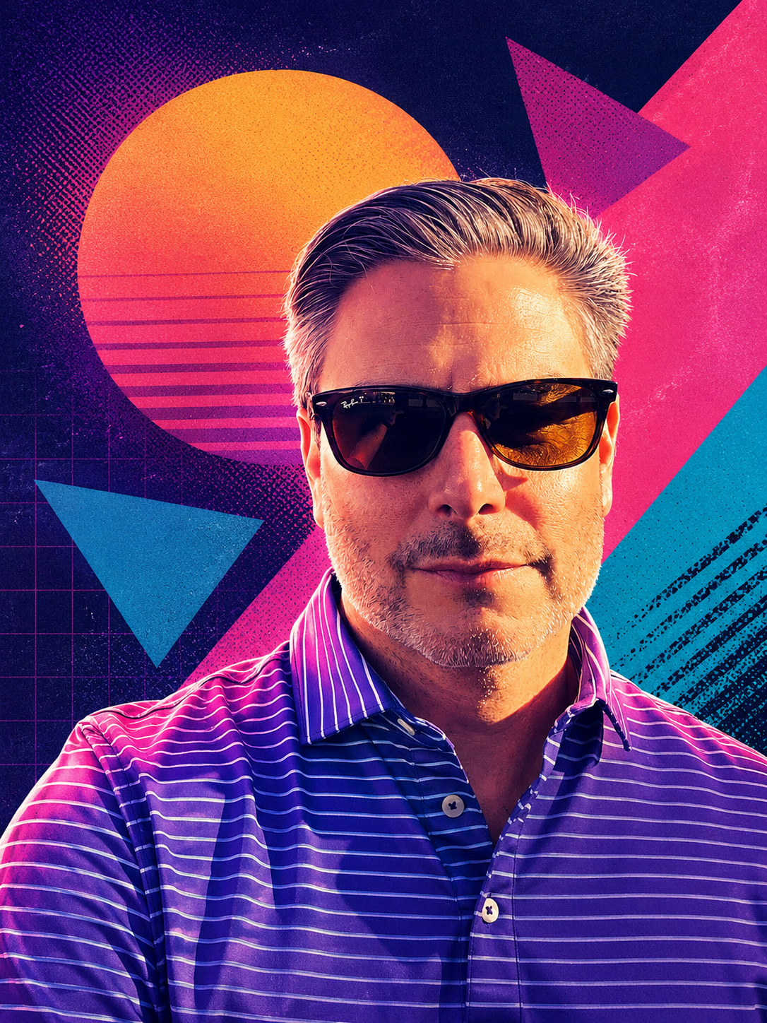 A middle-aged man wearing sunglasses and a purple striped shirt stands in front of a vibrant, geometric, 80s-inspired background with neon colors, a sun, and various shapes.