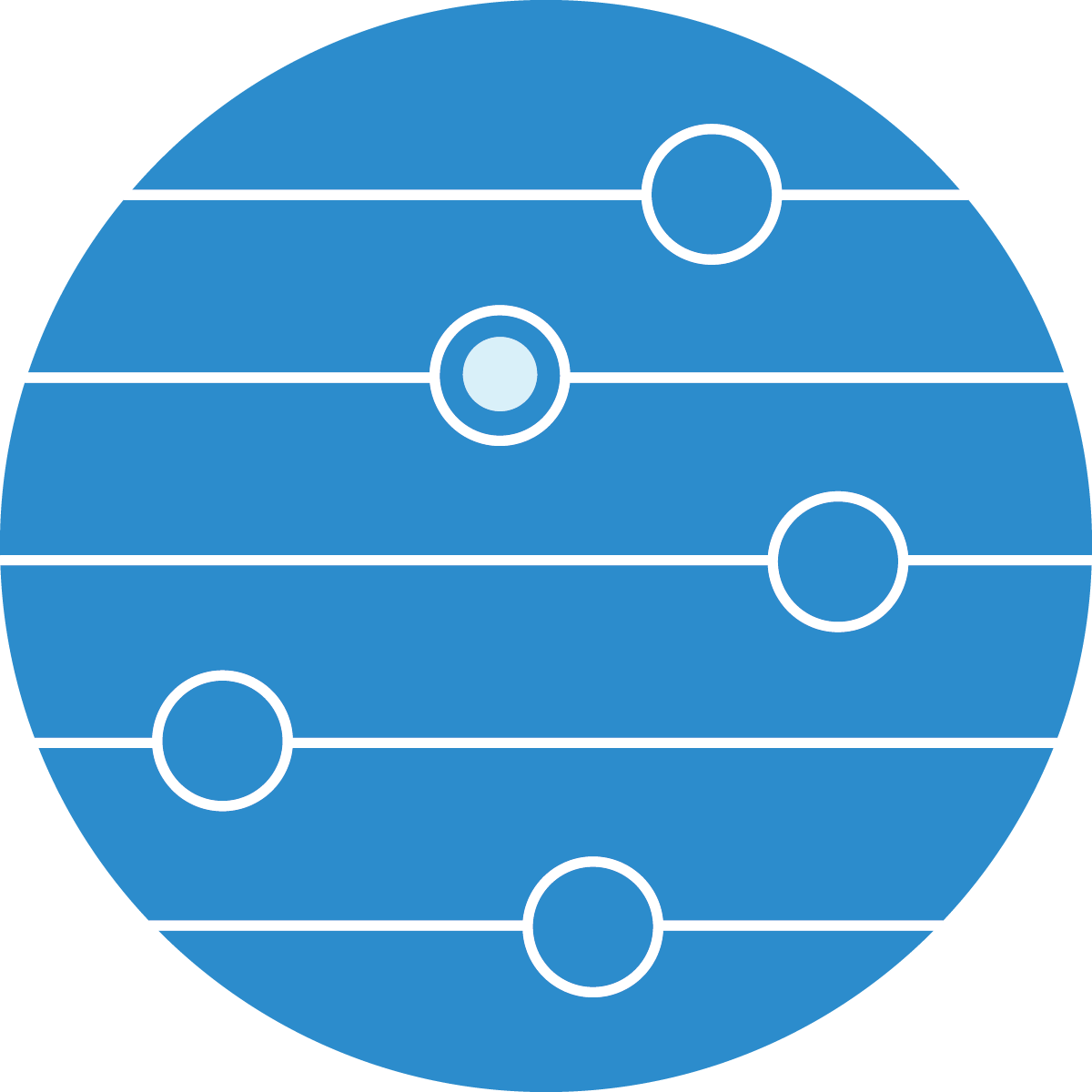 Stylized illustration of a circular blue musical staff with horizontal white lines and five evenly spaced circles, representing notes.