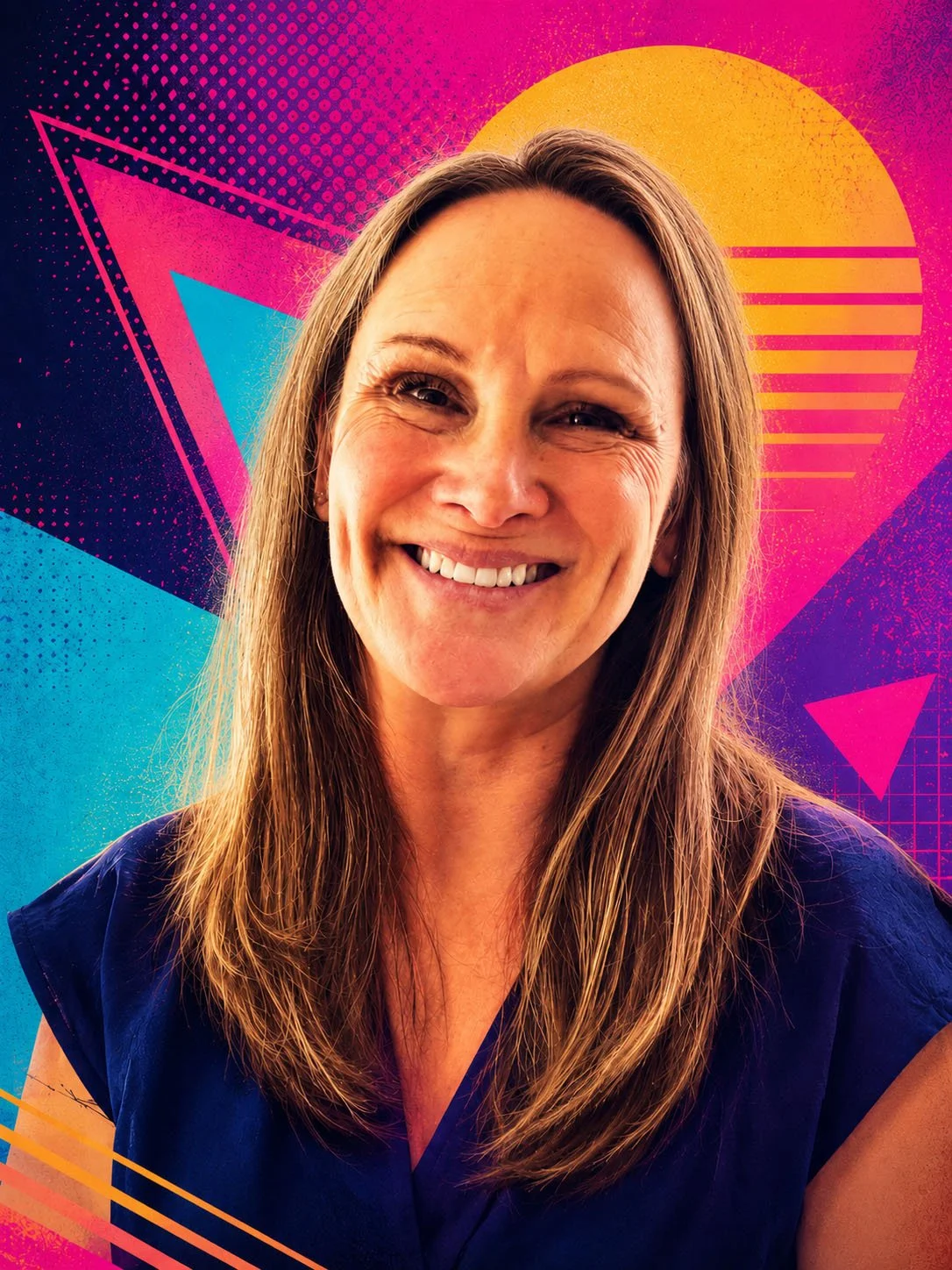 A woman with long brown hair smiling in front of a colorful geometric background with pink, yellow, blue, and purple shapes.