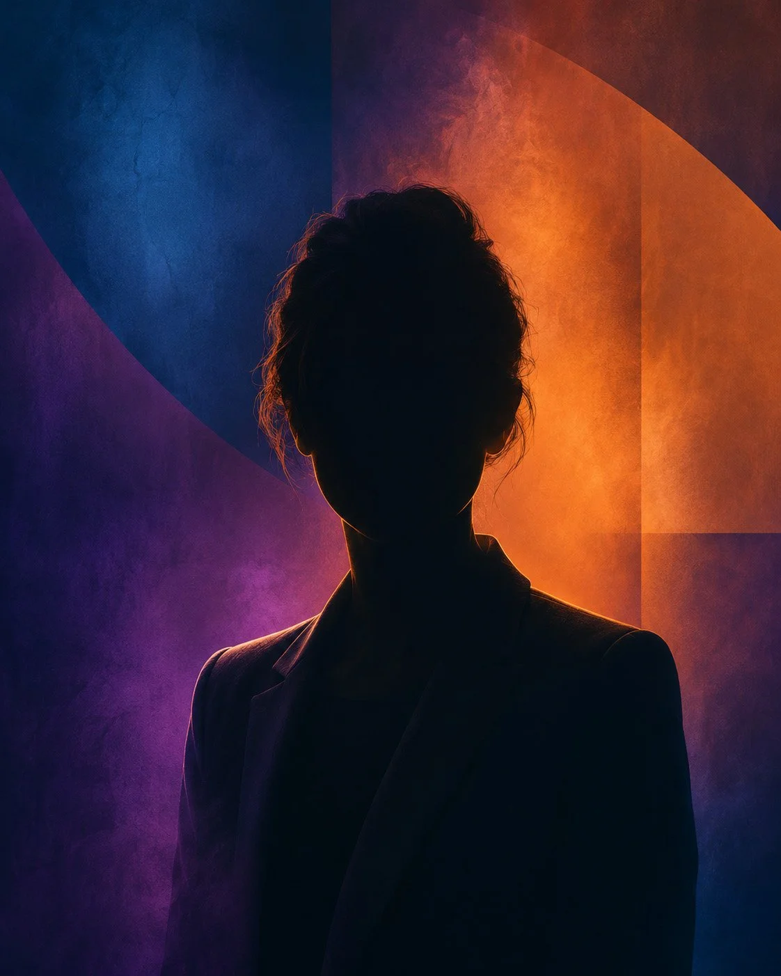 Silhouette of a woman with curly hair, standing against a colorful, abstract background with blue, purple, and orange hues.