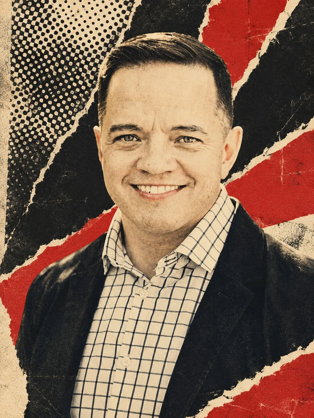 A smiling man in a suit jacket and checkered shirt stands in front of a graffiti-style mural with red, black, and white colors.