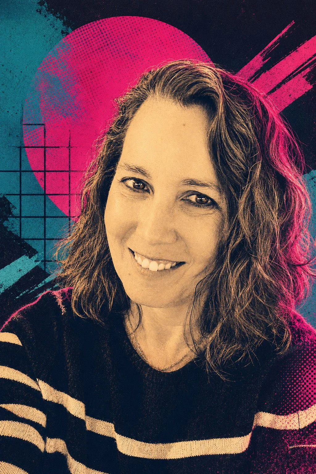 Colorized portrait of a woman with wavy hair smiling, with a vibrant, geometric background featuring a pink circle, blue grid, and black and pink details.