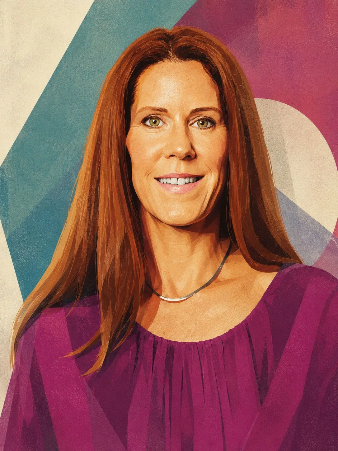 A woman with long red hair wearing a purple top and a necklace, smiling in front of a colorful geometric background.