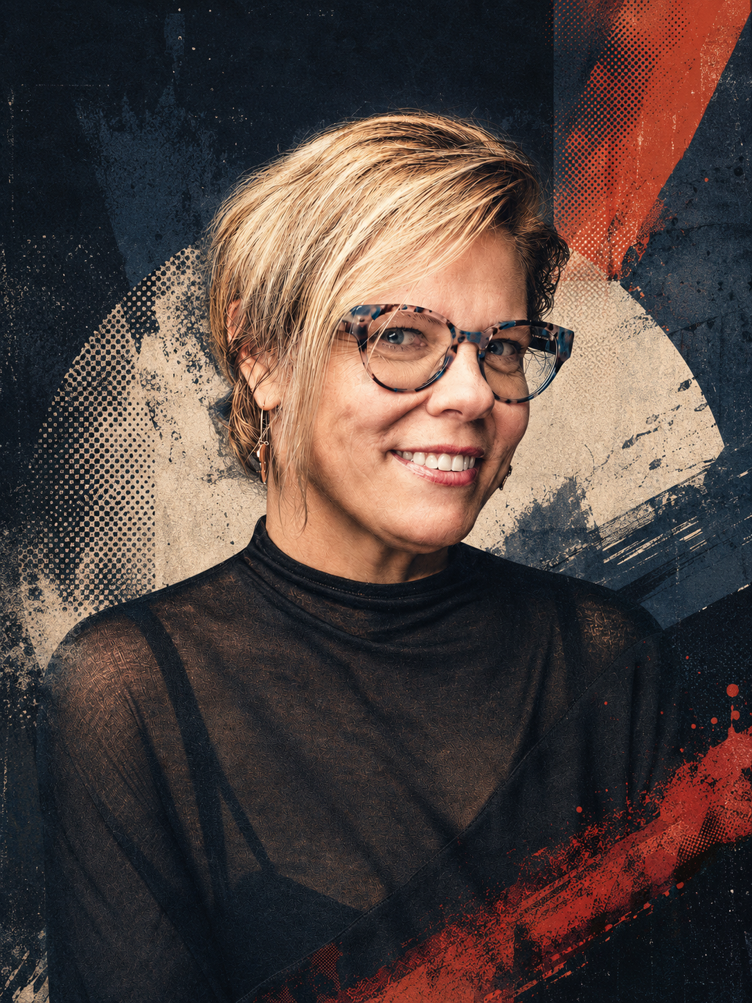 A smiling woman with short blonde hair, wearing large tortoise-shell glasses, earrings, and a black sheer top, is set against a graphic background with dark, red, and beige abstract textures.