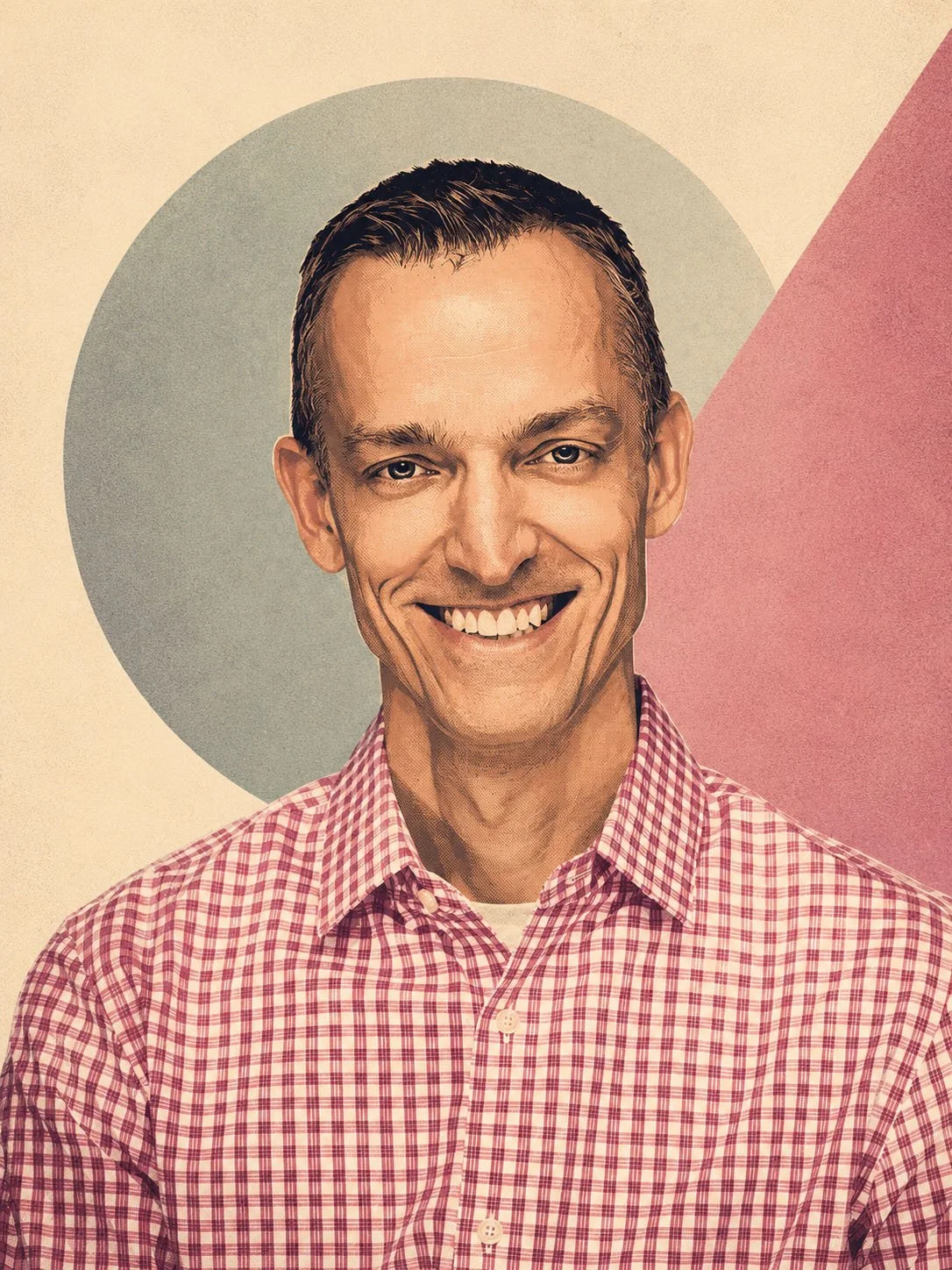 Smiling man in a pink checkered shirt with a geometric background of gray, cream, and pink shapes.