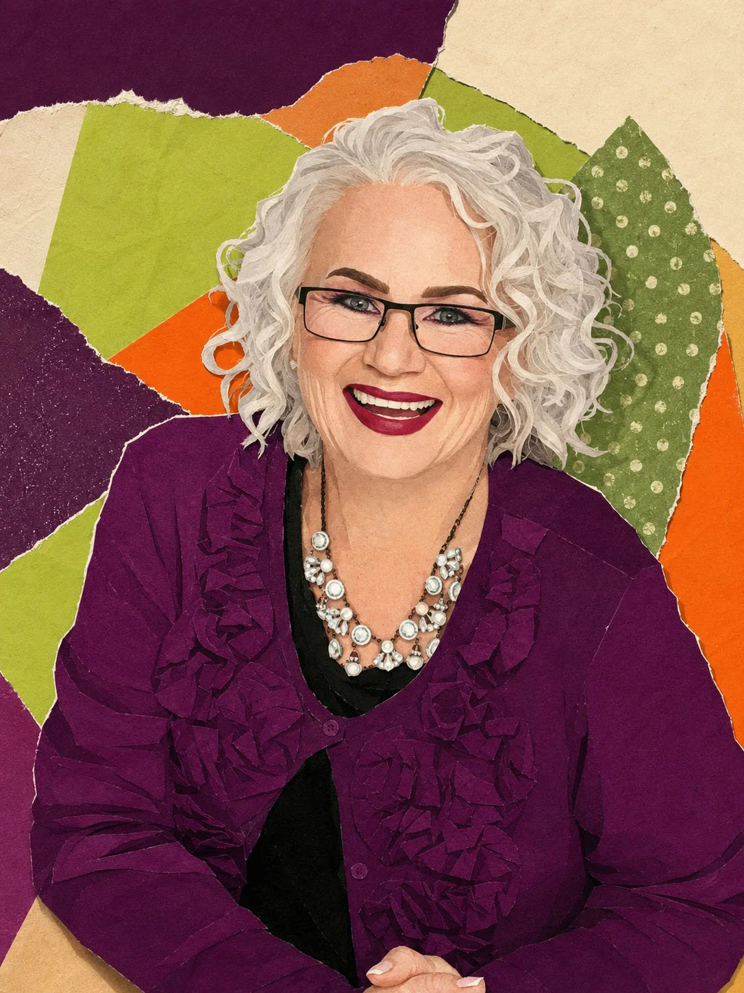 A woman with curly gray hair, glasses, and a bright smile. She is wearing a purple jacket with ruffled details, a pearl necklace, and a dark top. The background consists of torn paper in green, orange, purple, beige, and dotted green patterns.