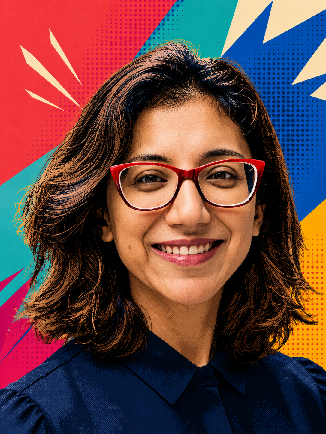 A woman with shoulder-length brown hair, wearing red glasses and a dark blue shirt, smiling against a colorful, pop-art inspired background with red, blue, yellow, and teal sections and dynamic shapes.