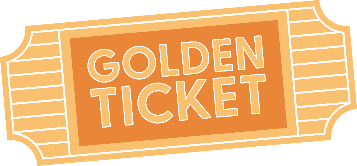 A golden ticket with the words "Golden Ticket" written in large white letters, set against a background of orange and yellow.