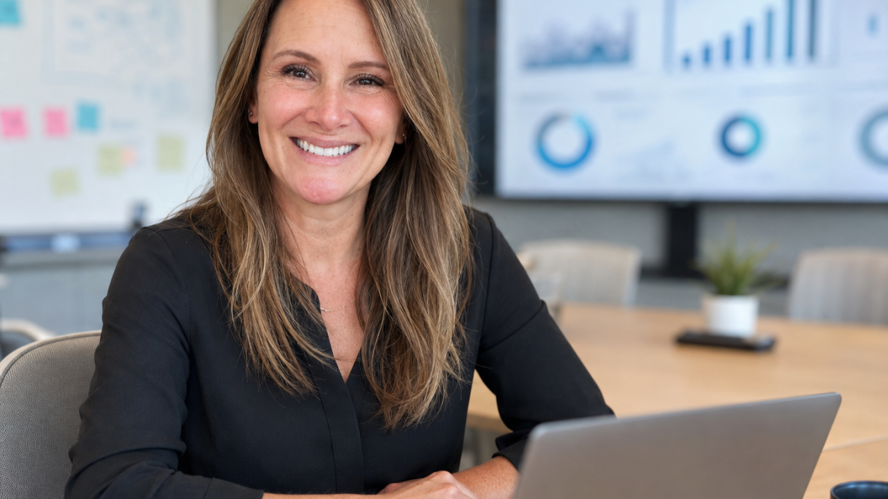 Smiling woman sitting at a conference table with a laptop in an office, charts and graphs displayed on screens in the background.