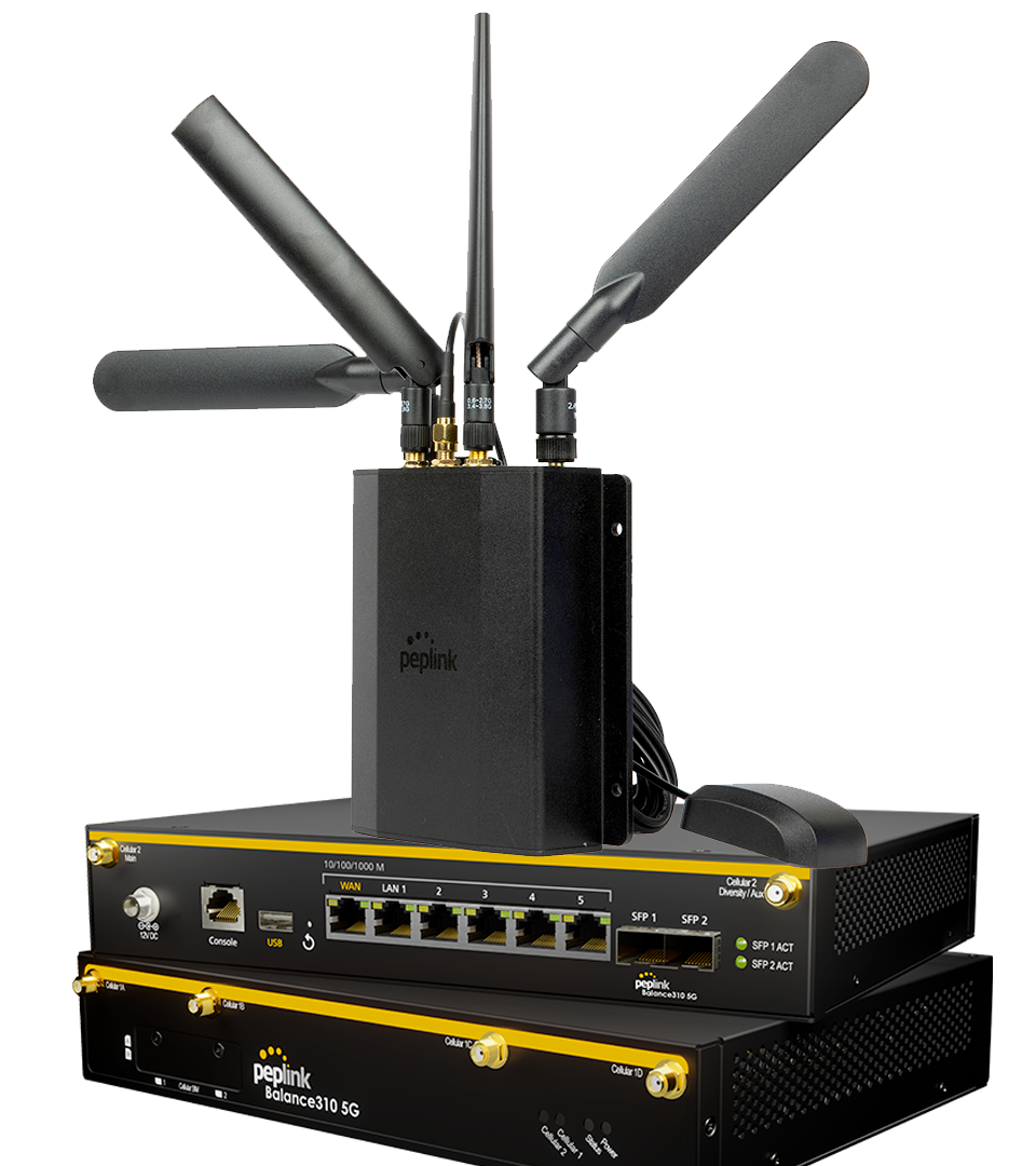 A telecommunications device with multiple antennas, including a Peplink Balance 310 5G router and a Peplink cell booster, used for internet connectivity.