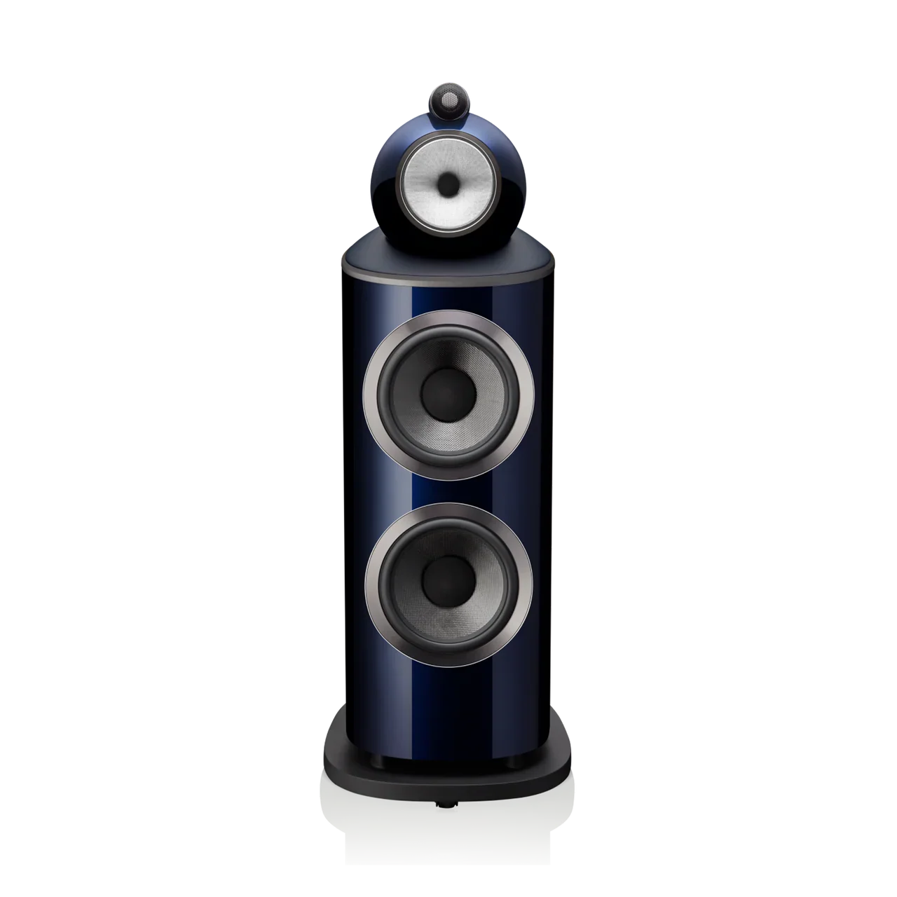 A sleek, modern tower speaker with a dark blue and black finish, featuring multiple silver-rimmed speaker drivers on its front.