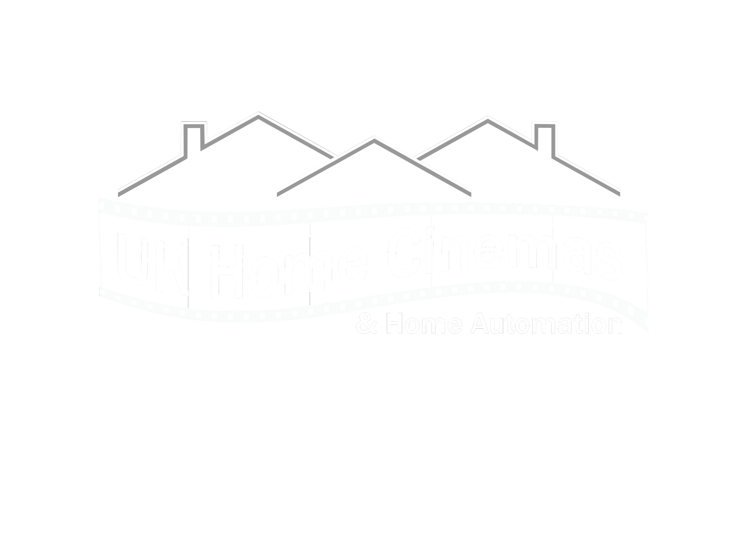 Logo of UK Home Cinemas & Home Automation featuring stylized rooftops and a strip of film with the company name.