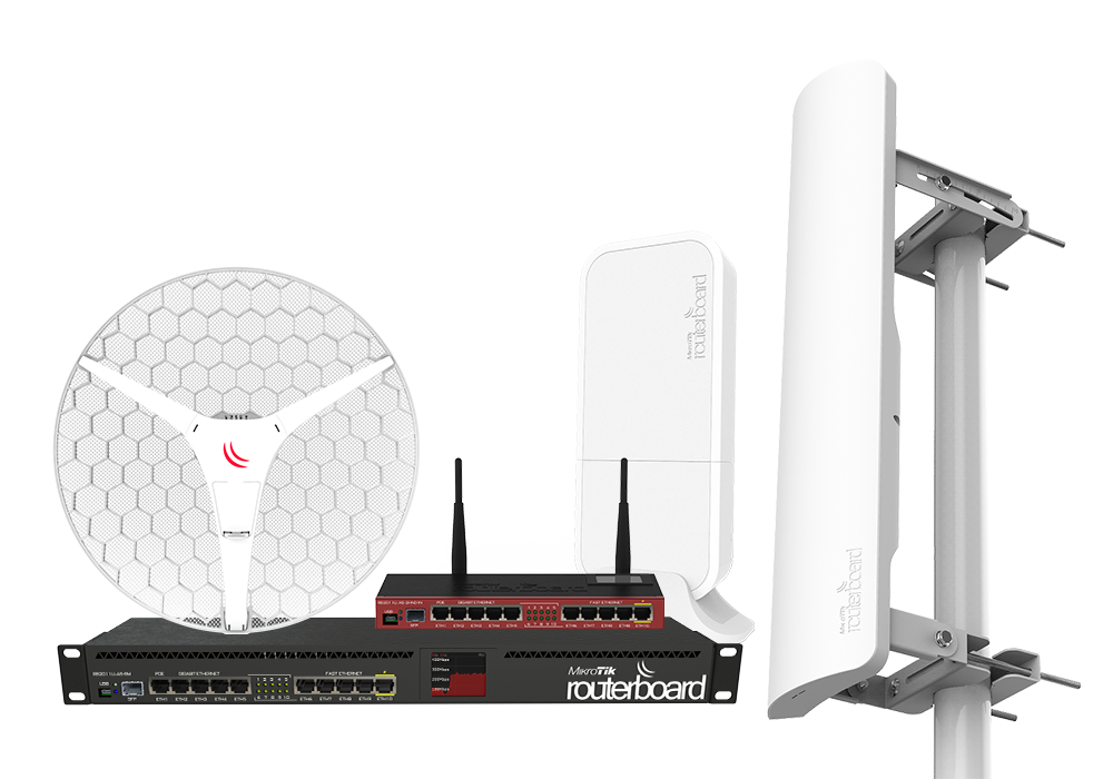 Networking equipment including a wireless router, a satellite dish, antennas, and signal amplifiers.