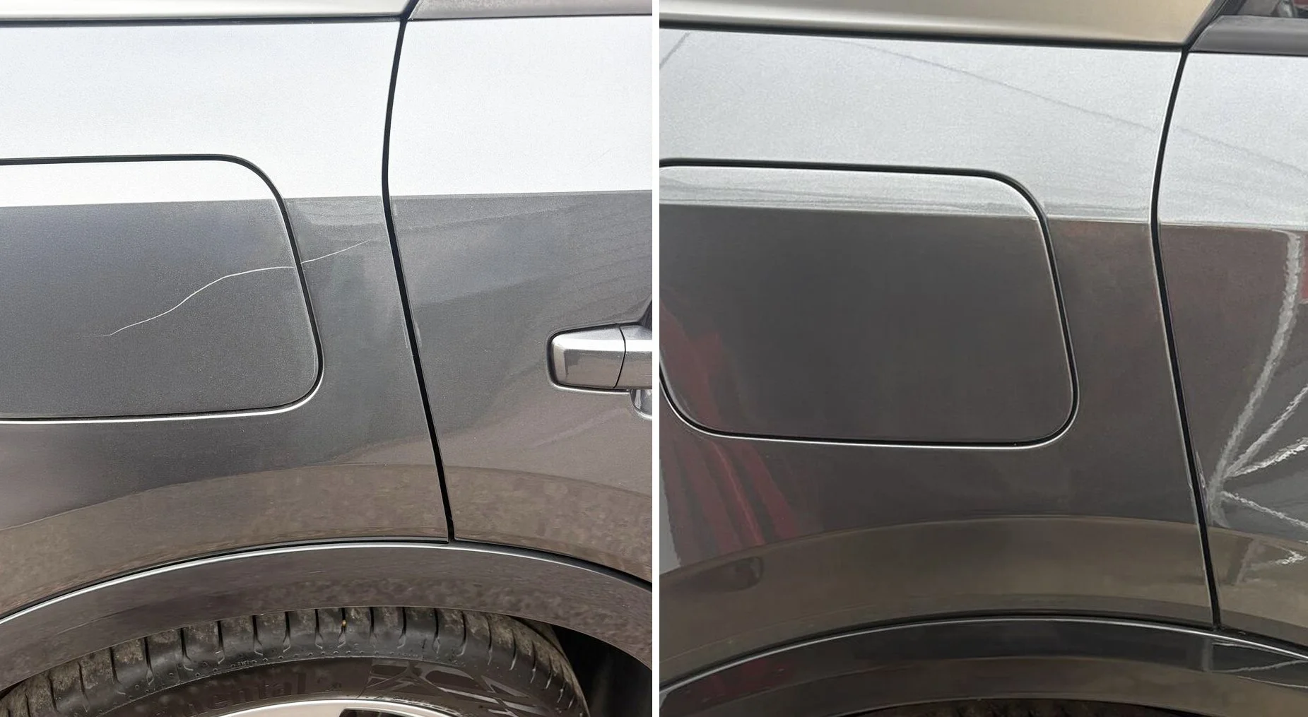 Side view of a car's rear door comparing a scratched area on the left with a repaired, smooth area on the right.