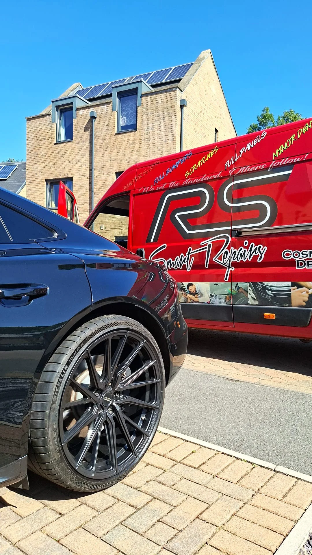 A Vehicle with it's wheel fitted back on after a Powder coating refurbishment showing pick up and delivery options