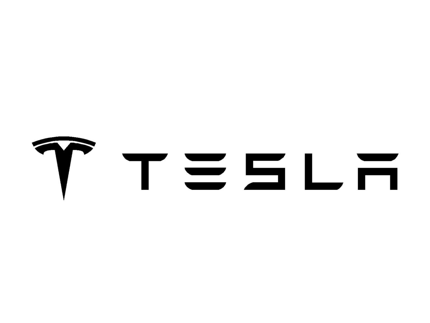 Tesla logo with stylized 'TESLA' text in black.