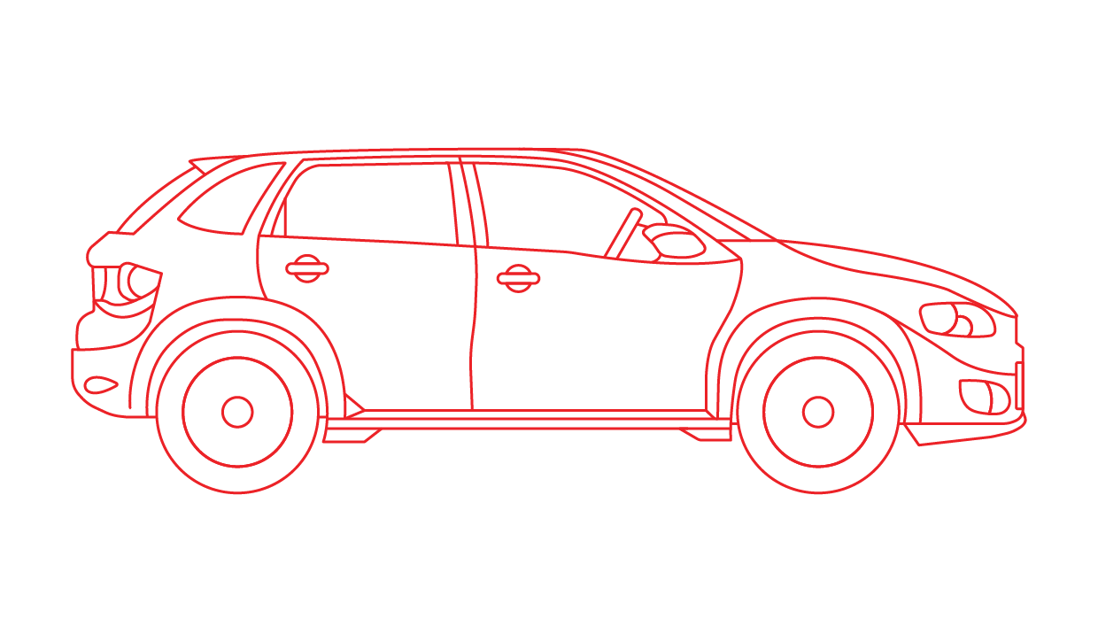 Outline drawing of a modern five-door hatchback car in red
