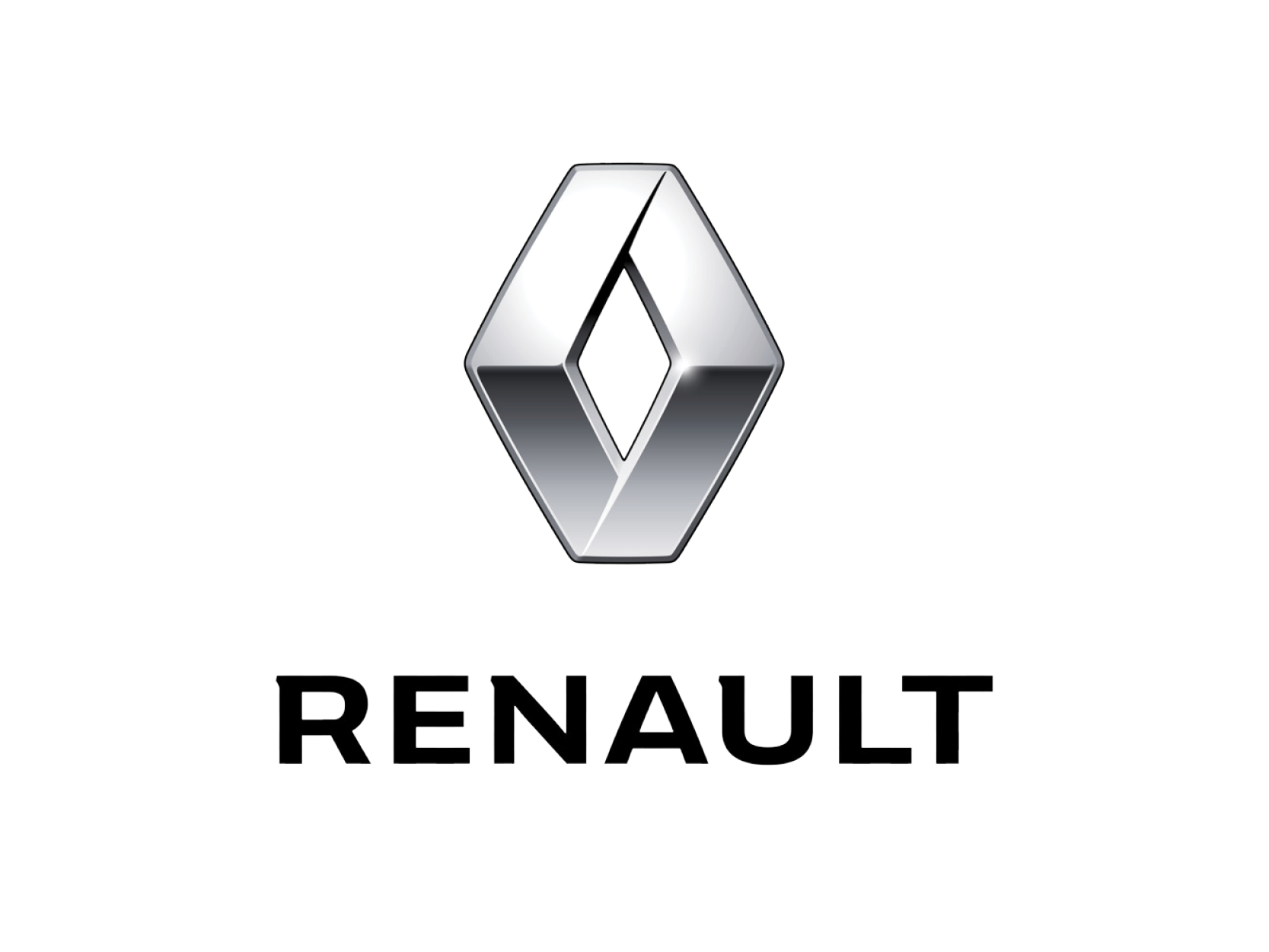 Renault logo with metallic diamond shape and the word 'RENAULT' underneath in bold black letters.