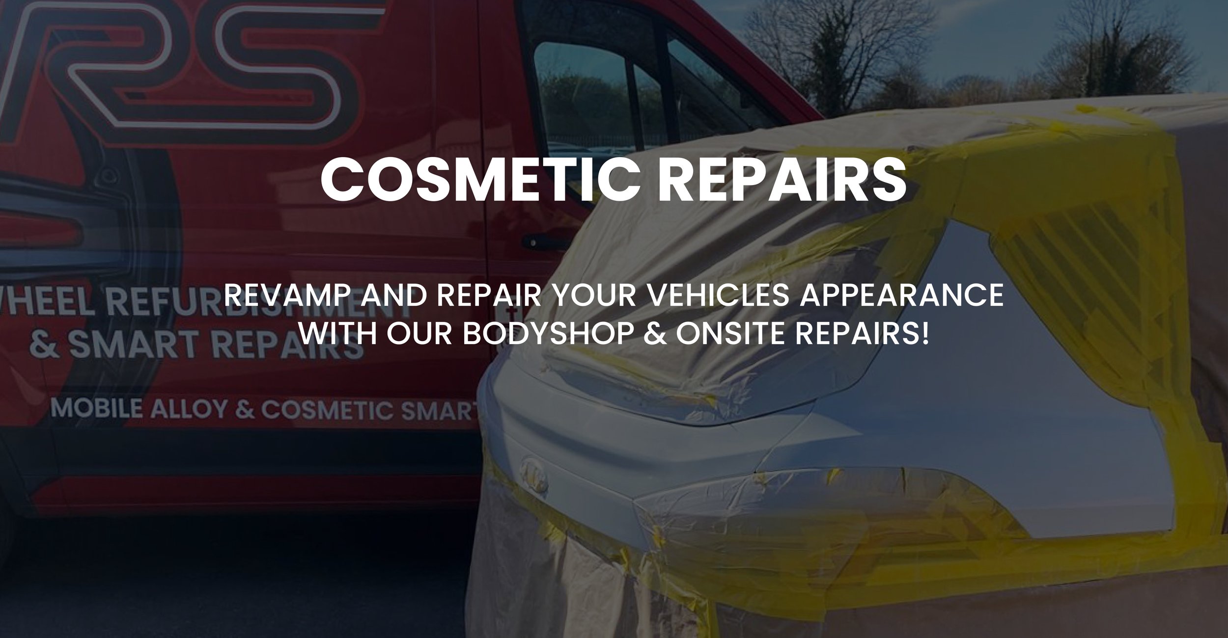 A white car undergoing a cosmetic repair with yellow masking tape on its front, and a red RS Wheels van in the background.