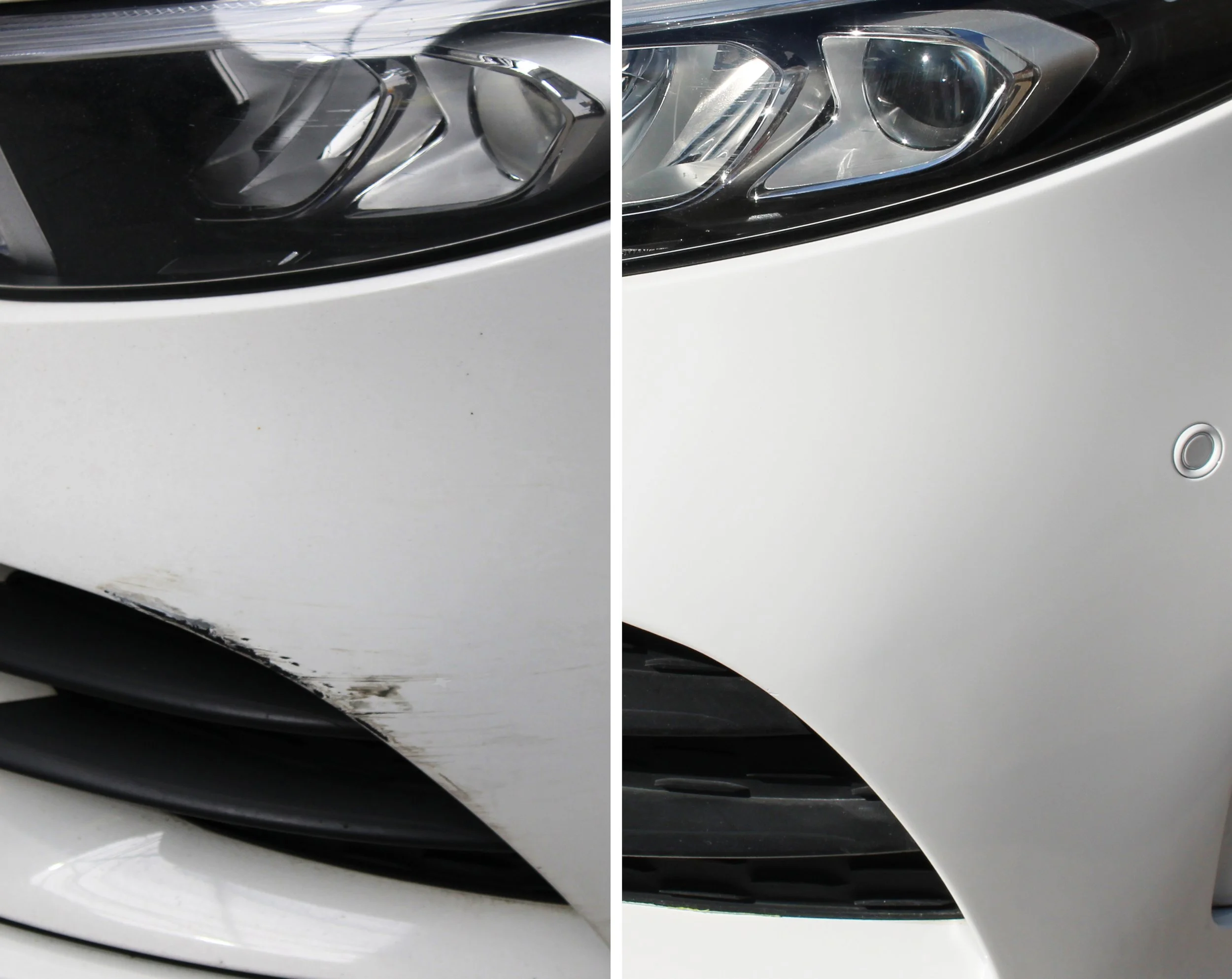 before and after comparison to show the quality of a bumper scuff repair 
