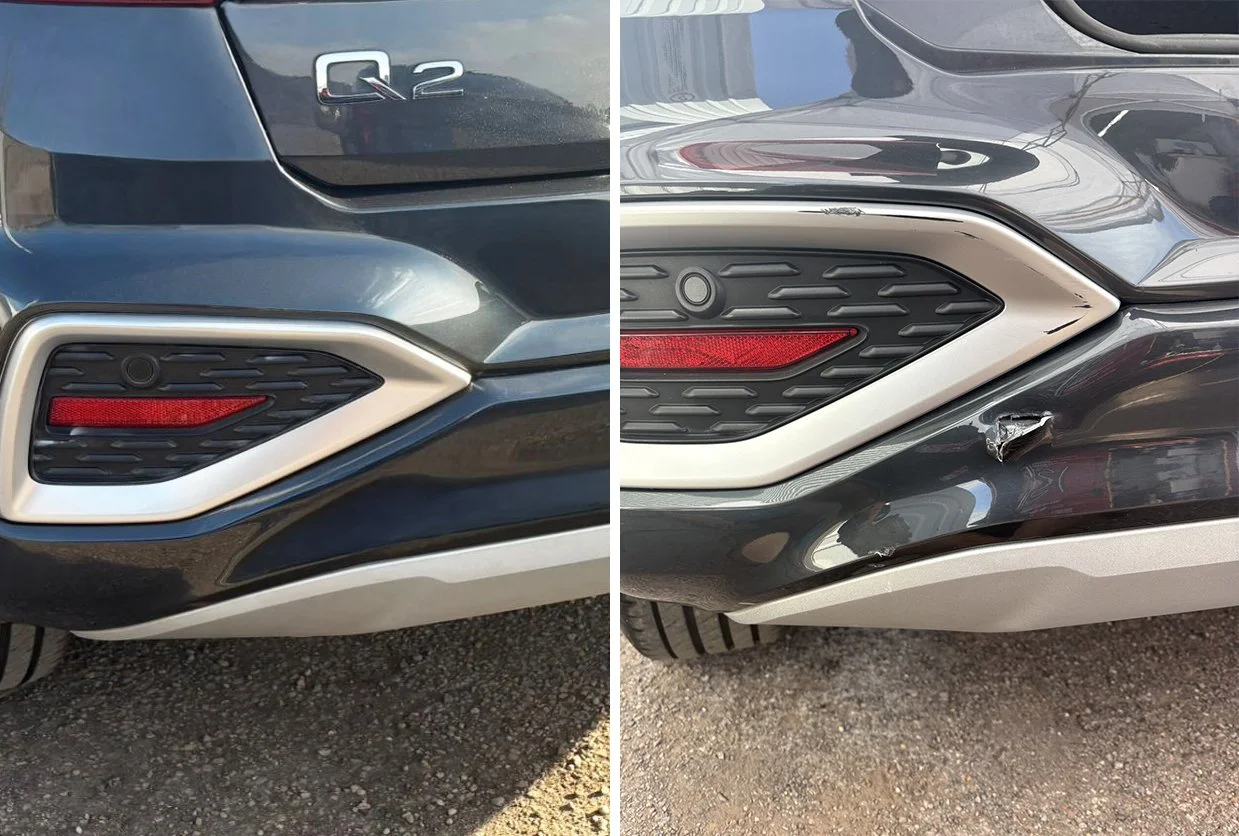 Comparison of a car front bumper, with the left having been repaired and showing no visible damage and the right showing a damage to the front bumper.