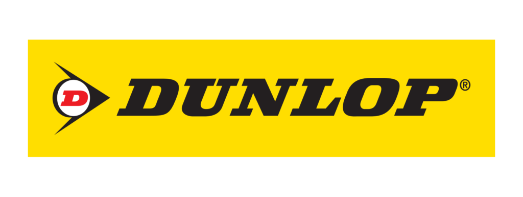 The Dunlop logo with a yellow background, featuring a black and red emblem with a white D and the word 'DUNLOP' in bold black letters.