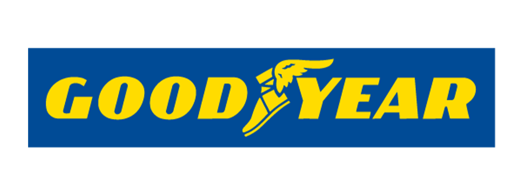 Goodyear logo with the words 'Good Year' in yellow and a winged foot icon in between, on a blue background