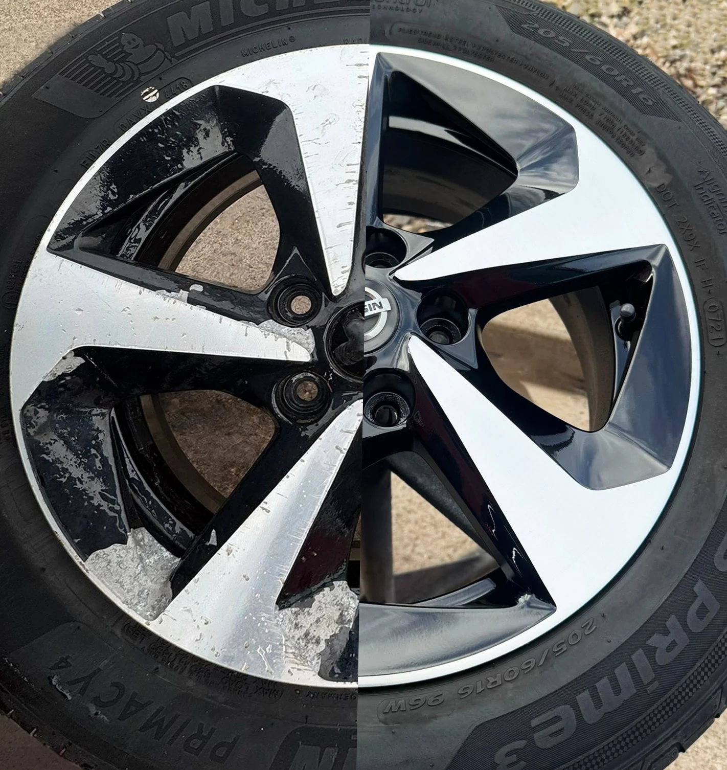 A split image showing a car tire and wheel before and after repairing. The left side displays a dirty, scratched black and diamond cut alloy wheel, while the right side features a shiny, clean, and polished diamond cut alloy wheel.