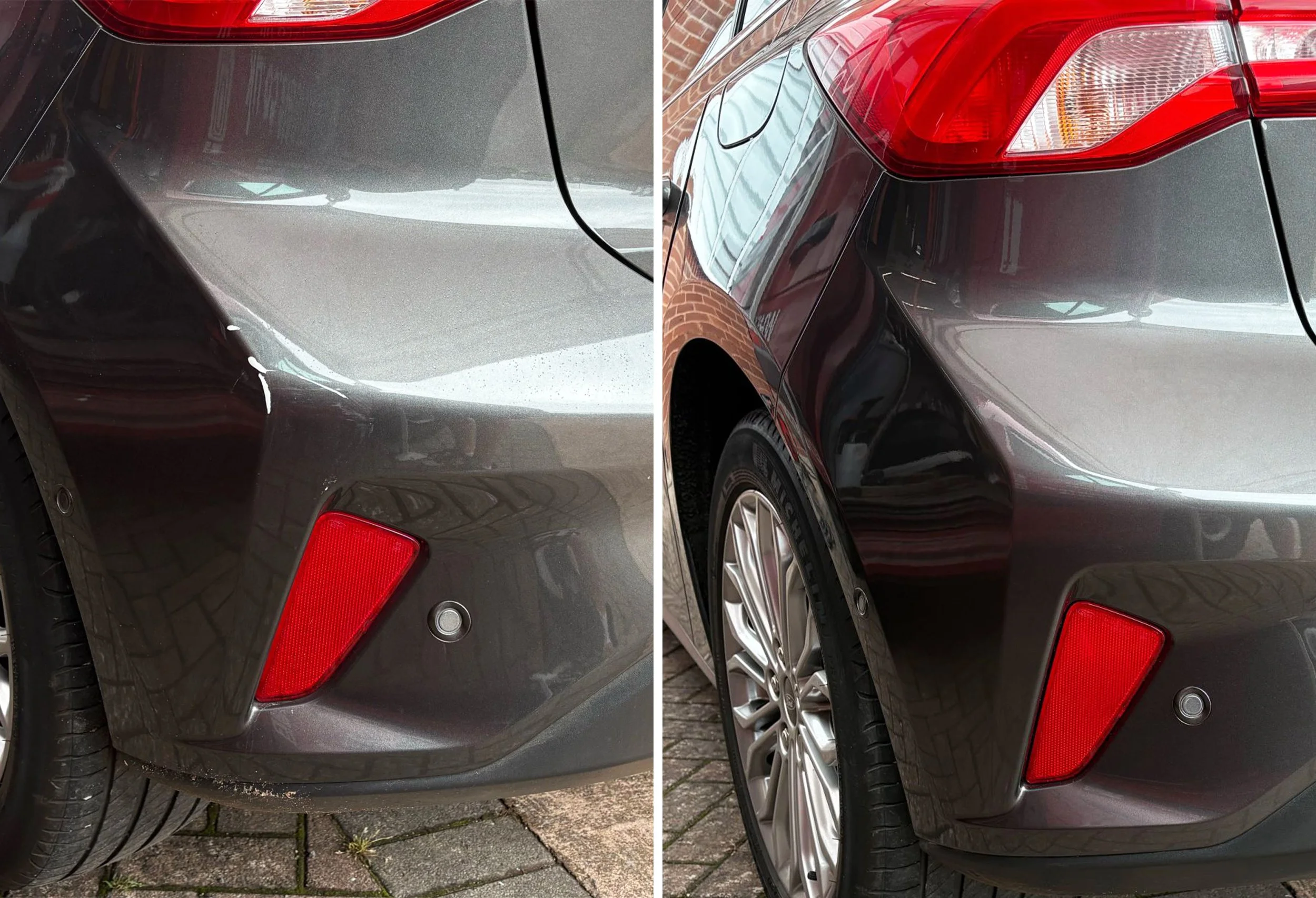 Comparison of the rear side of a car. The left image shows that the car has a dent and scratch near the rear wheel, while the right shows the car repaired with a clean rear bumper and wheel.