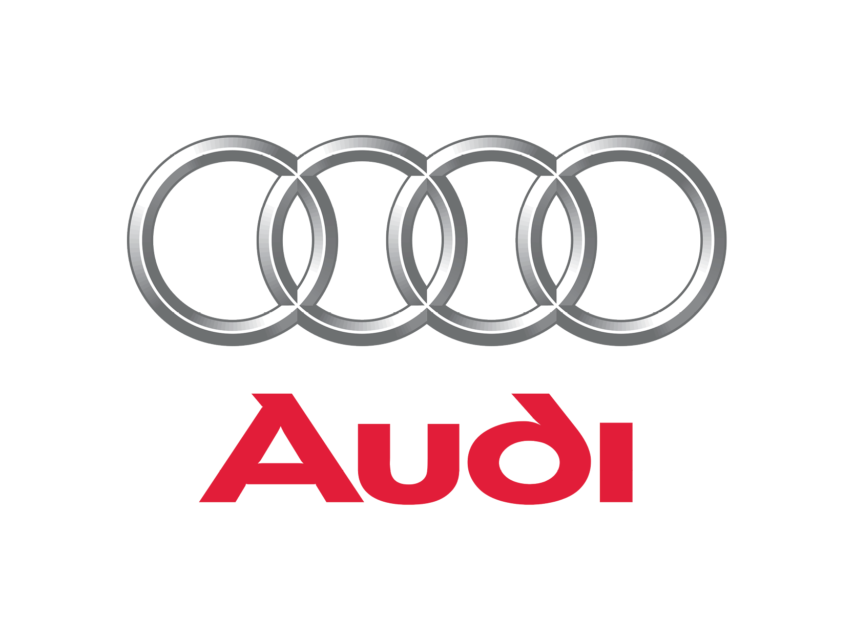 Audi logo with four silver rings and red text 'Audi'