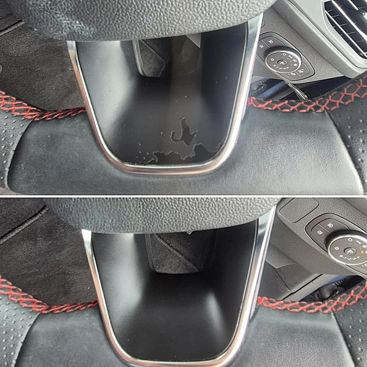 Comparison of a car cup holder: the top shows a worn, peeling inner surface; the bottom shows a clean, new-looking surface.