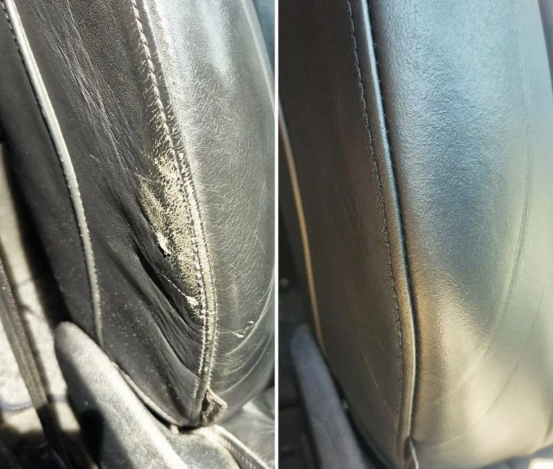 Comparison of car seat backs showing damaged and repaired leather upholstery.