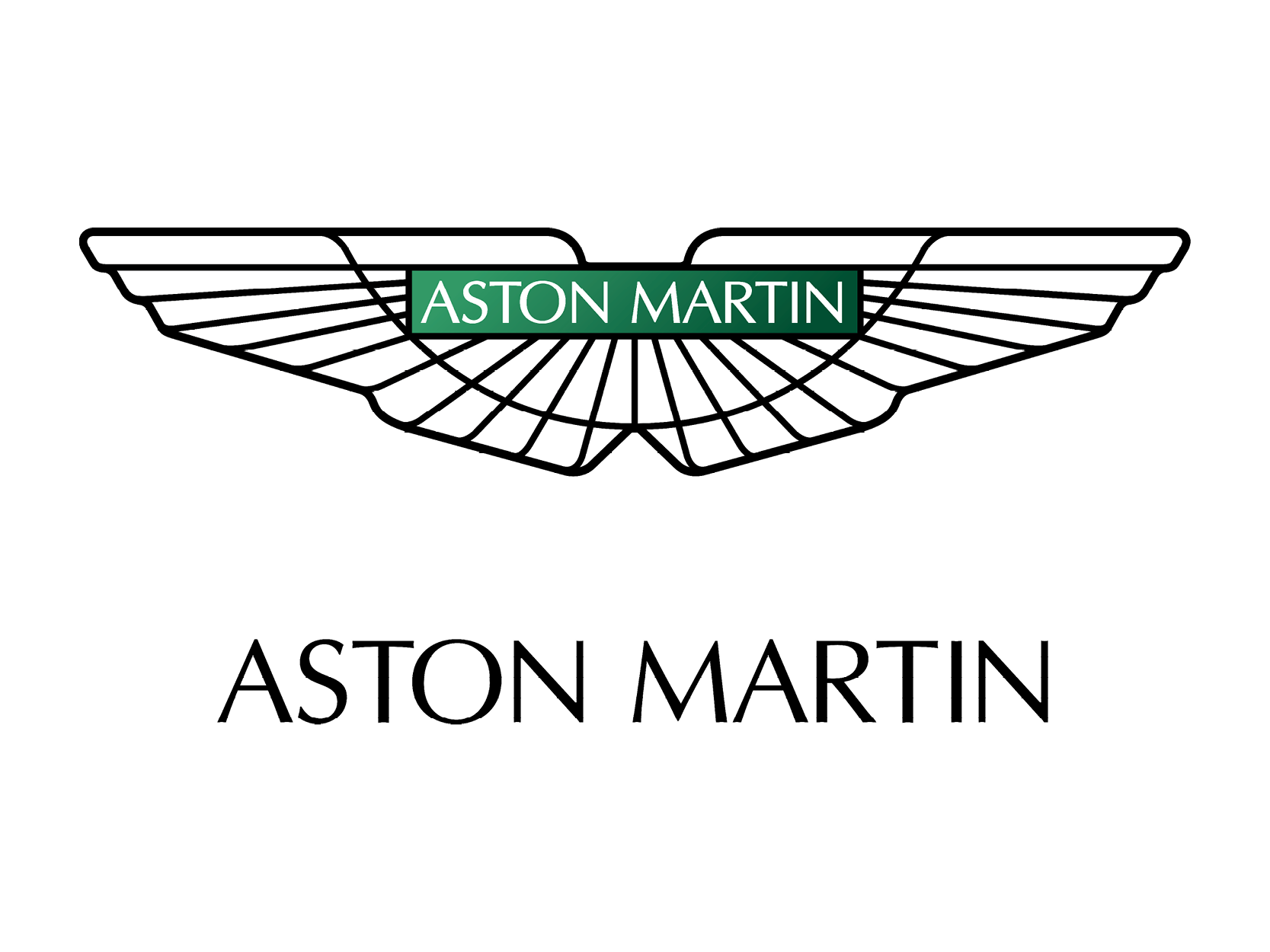 A logo with white wings and a green rectangle in the center displaying the text 'Aston Martin'.