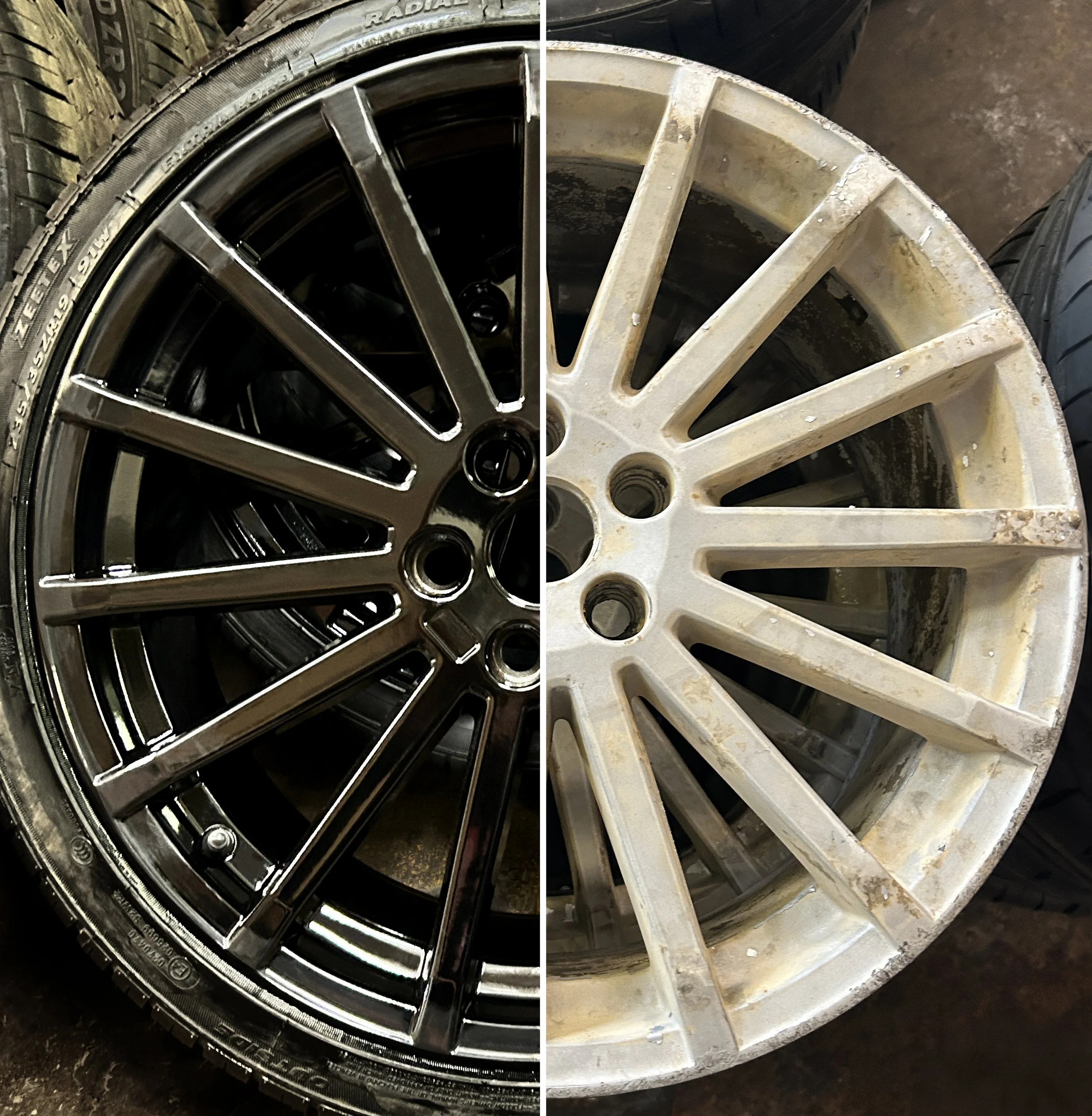 Comparison of a clean, shiny black alloy wheel that has had a powder coat refurbishment on the left with a dirty, scratched, and damaged alloy wheel on the right.