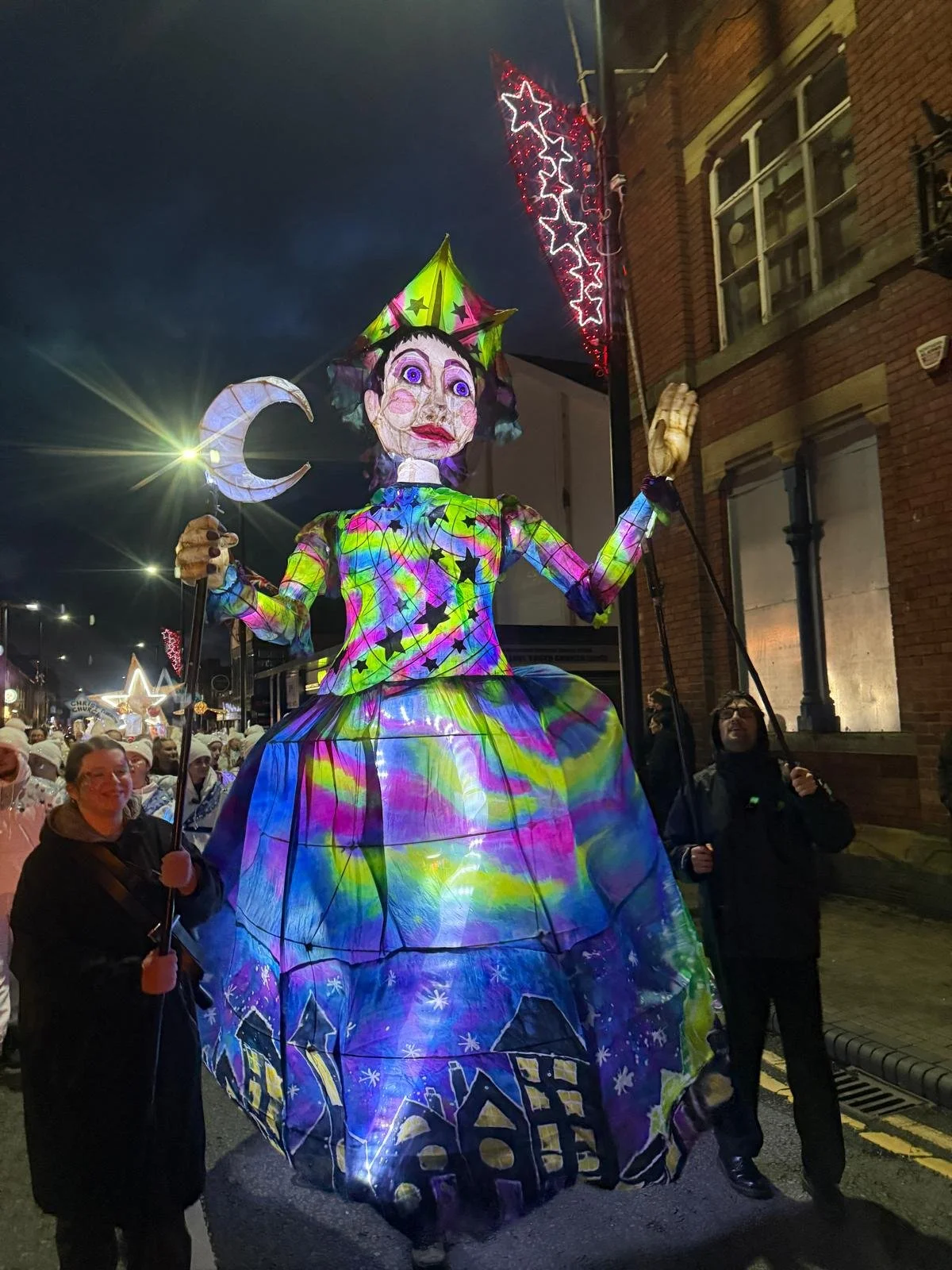 Queen Aurora, Light Up Leigh 2025. Assisted by Rose Windsor Walker. Event produced by Down To Earth. 
