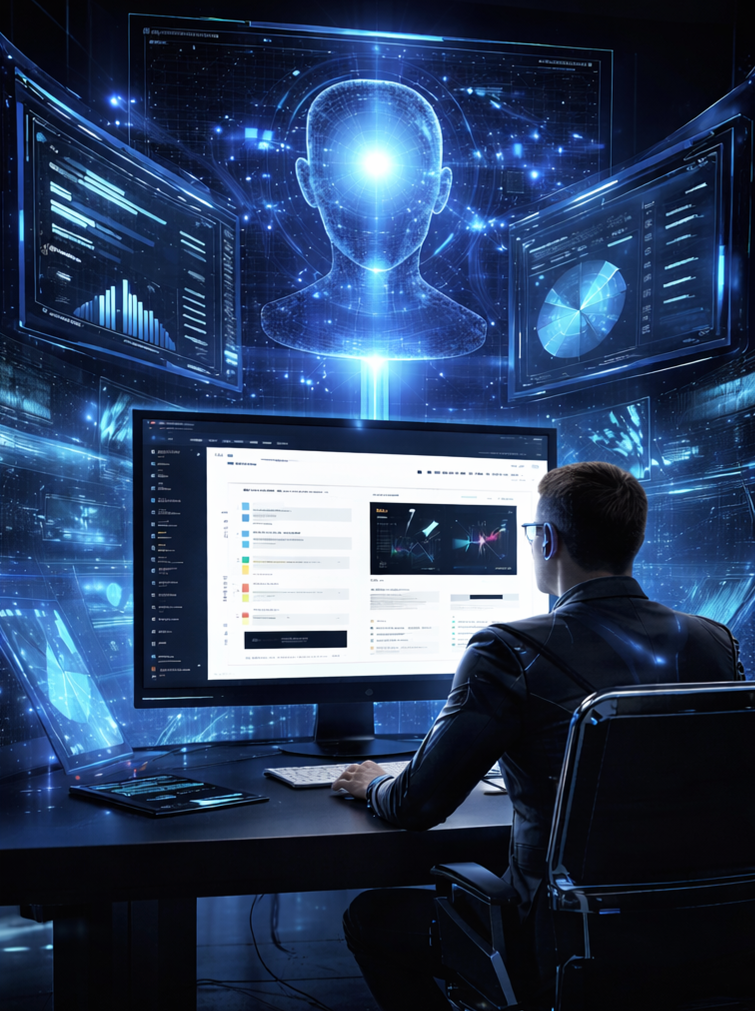 A person working at a computer with futuristic digital interfaces displaying data and a holographic human head with a glowing light at the center.