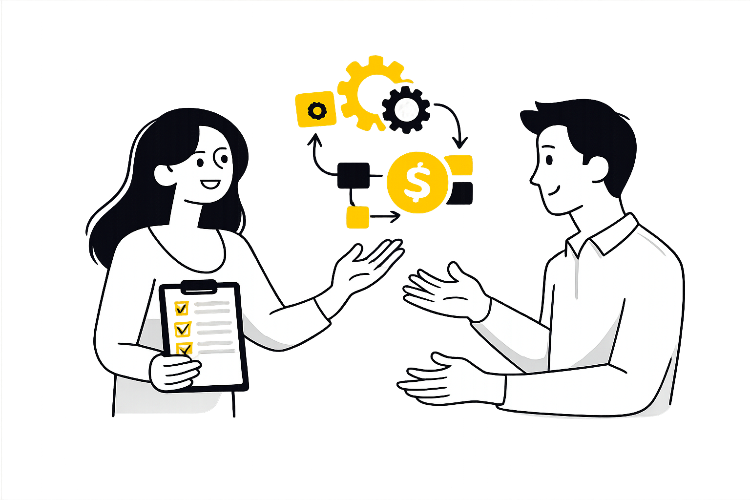 Two cartoon characters, a woman and a man, engaging in a discussion about finance and investments. The woman holds a clipboard with checkmarks, and the man appears to be explaining a process involving gears, a dollar coin, and arrows indicating a cycle, representing financial or investment concepts.