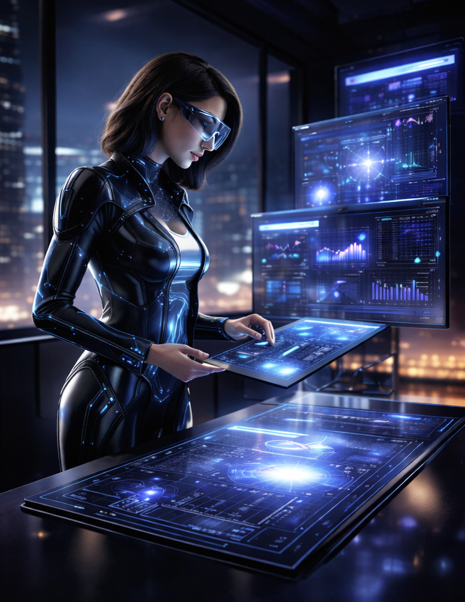 A futuristic woman in a black, shiny, high-tech suit and visor works with holographic screens displaying data and graphs in a high-rise city office at night.